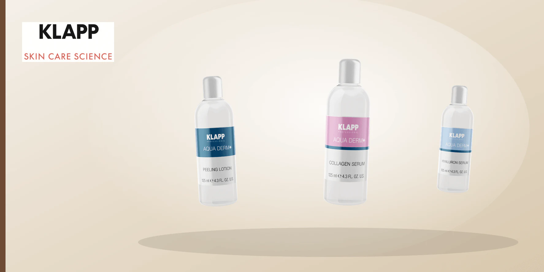 An abstract professional skincare device and neutral vessels representing the KLAPP Aqua Derm+ range.