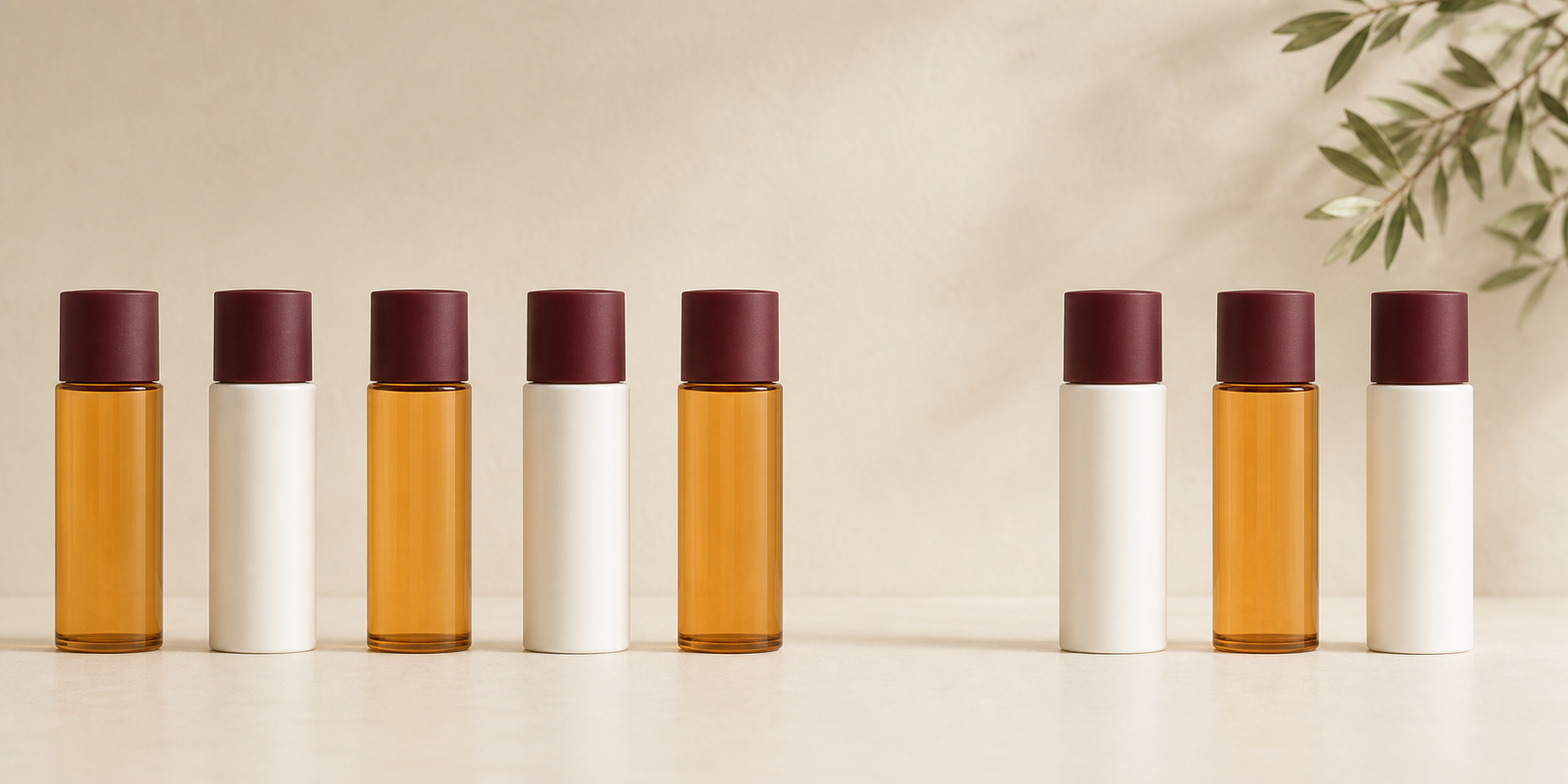 Eight equal abstract cosmetic vessels arranged as five consumer-context records and three professional-context records for a C Pure catalogue FAQ.