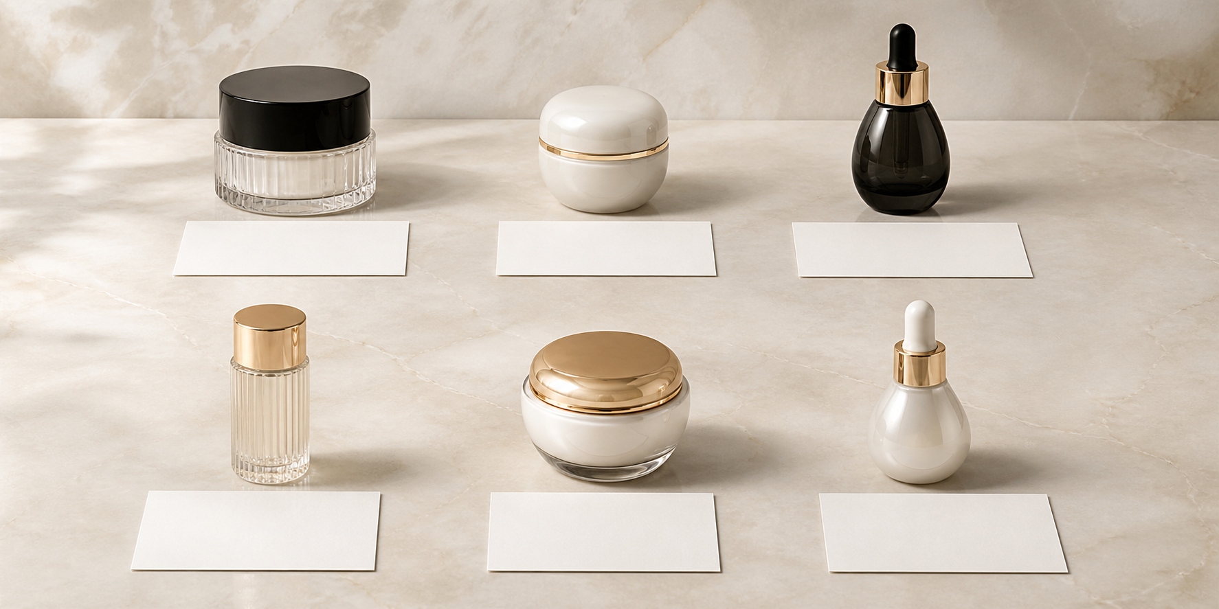 Six equal abstract cosmetic vessels beside six blank cards representing verified Caviar Power Imperial catalogue questions.