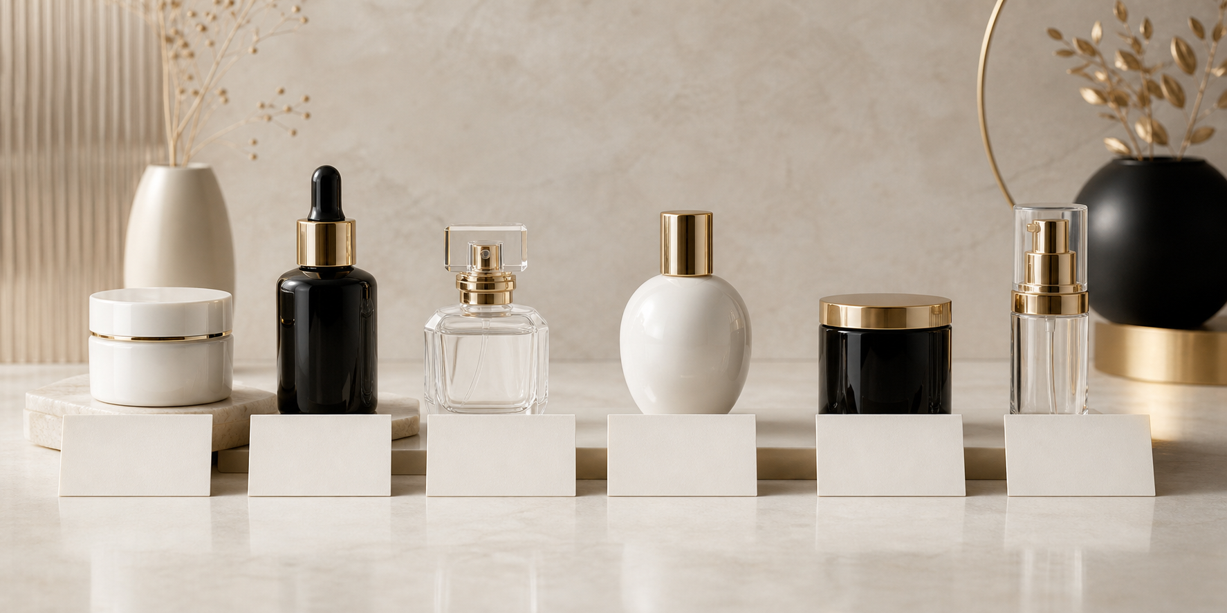 Six equal abstract cosmetic vessels beside six blank cards representing Caviar Power Imperial routine context.