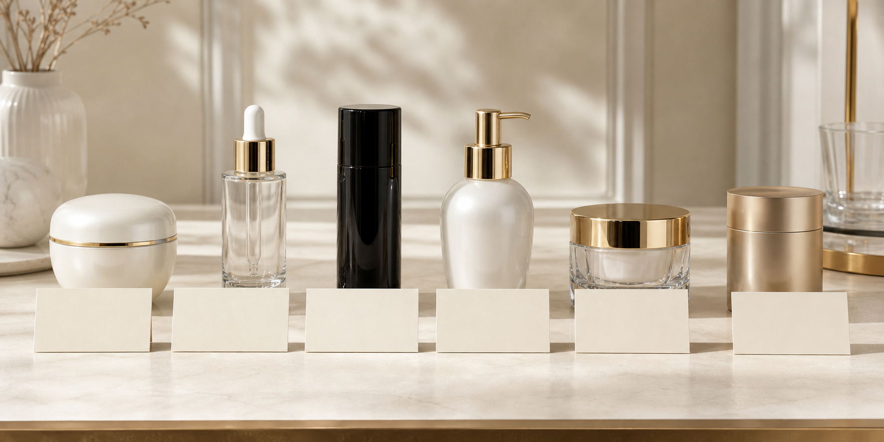 Six equal abstract cosmetic vessels beside six blank cards representing Caviar Power Imperial source checks.