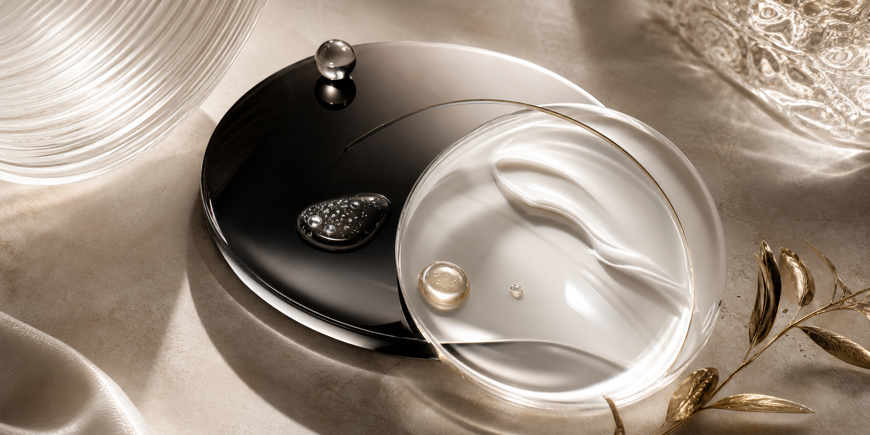 A black, pearl-white and gold skincare still life representing the KLAPP Caviar Power Imperial range.