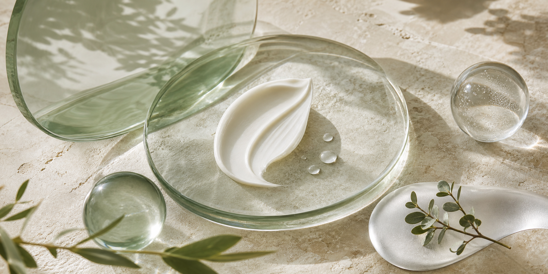 A green, cream and silver skincare still life representing the KLAPP Cell Pro range.