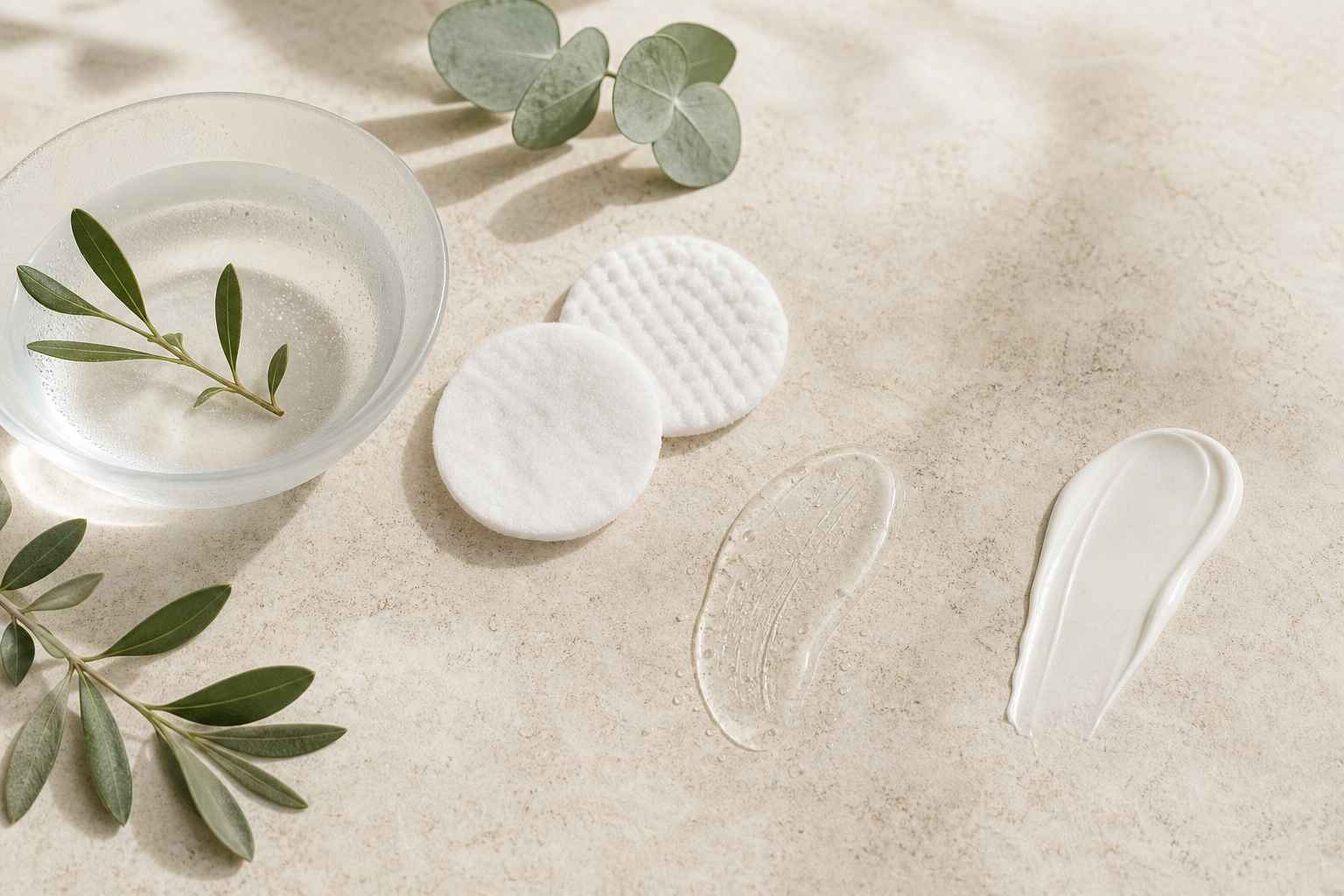 Ett lugnt hudvårdsarrangemang som visar rengöring, ansiktsvatten och exfoliering utan varumärken.