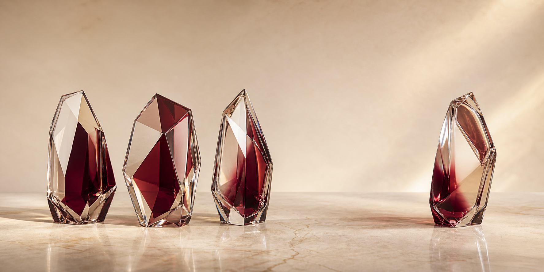 Four equal abstract faceted glass forms arranged as three consumer-context and one professional-context Diamond catalogue record.