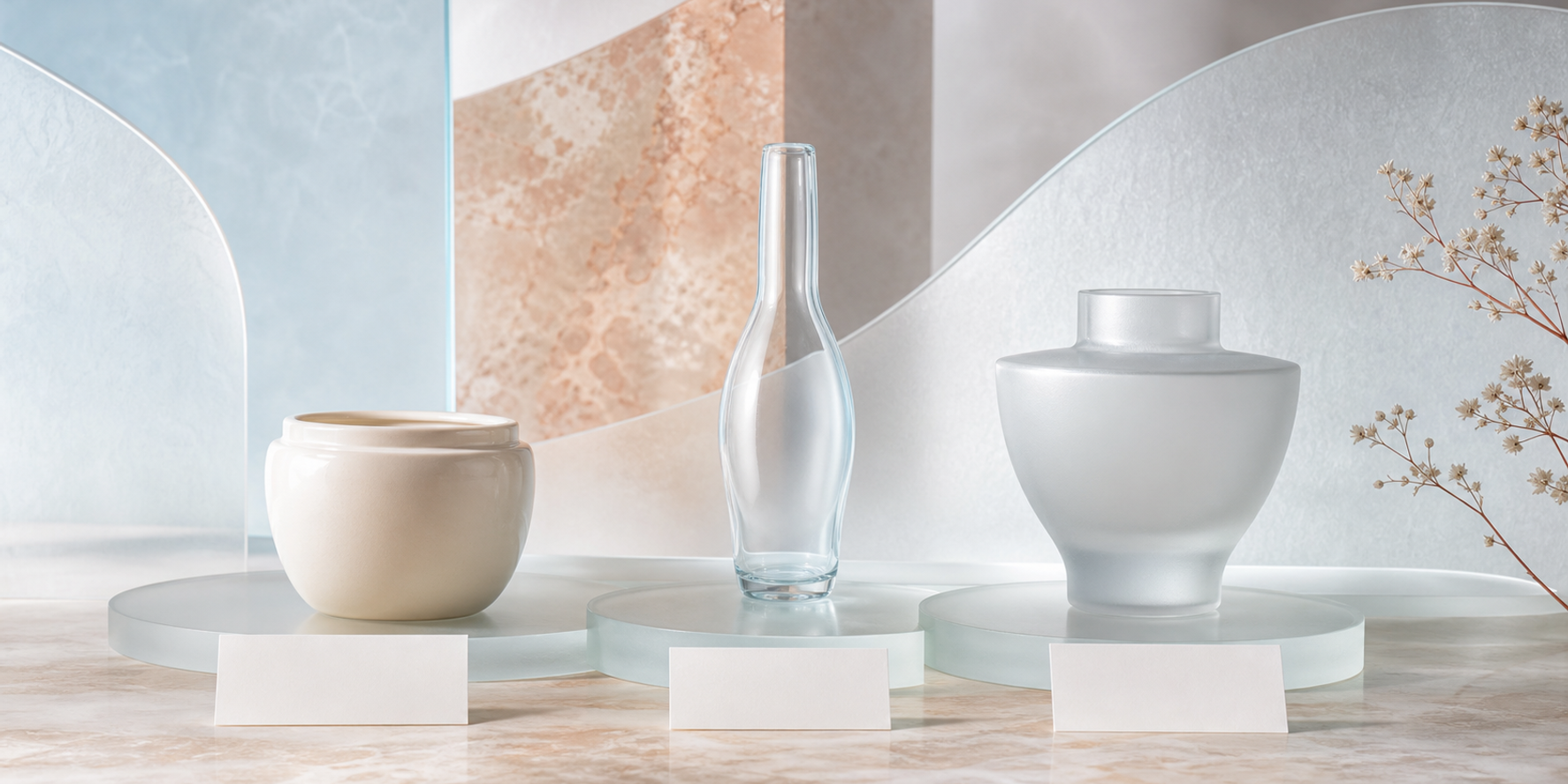 An ice-blue, pearl and muted coral skincare still life representing a neutral Exo|Gen routine-format checklist.