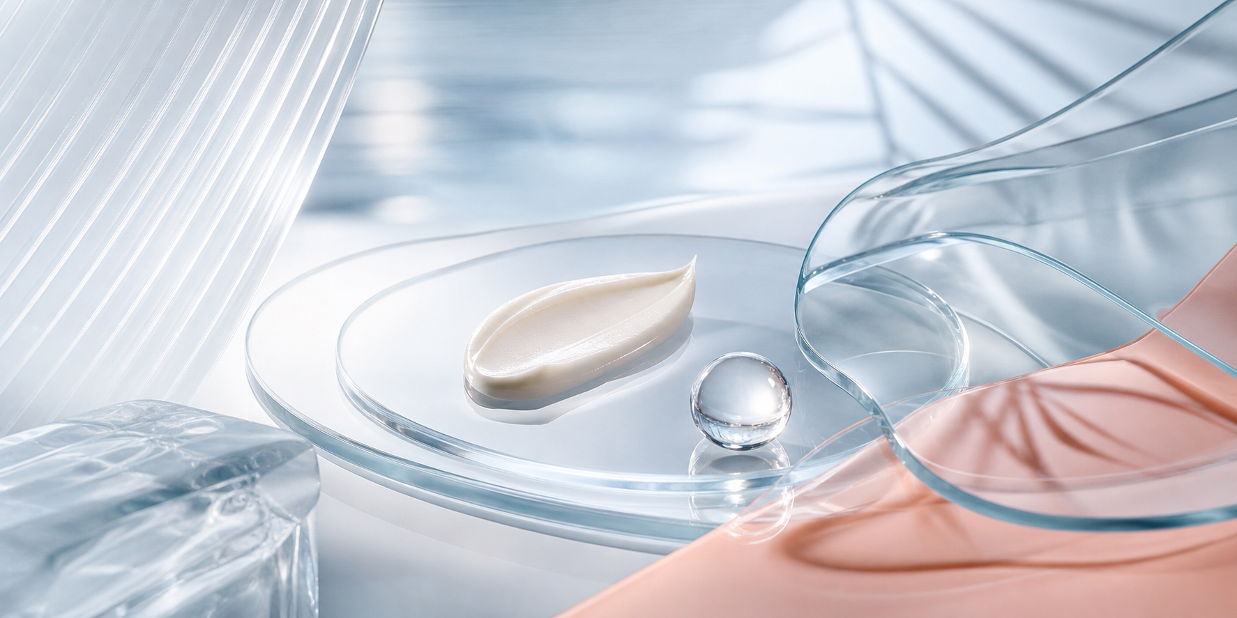 An ice-blue, pearl and muted coral skincare still life representing the KLAPP Exo|Gen range.