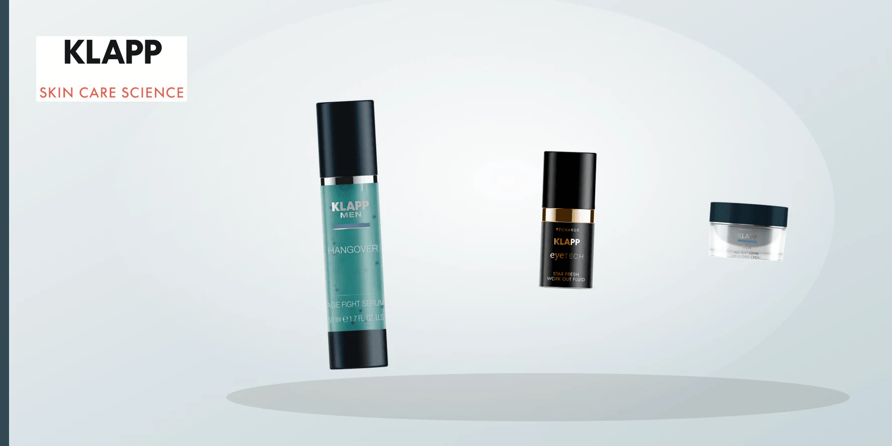 Three equal charcoal and slate glass forms arranged in a gentle arc for a KLAPP Men routine-context guide.