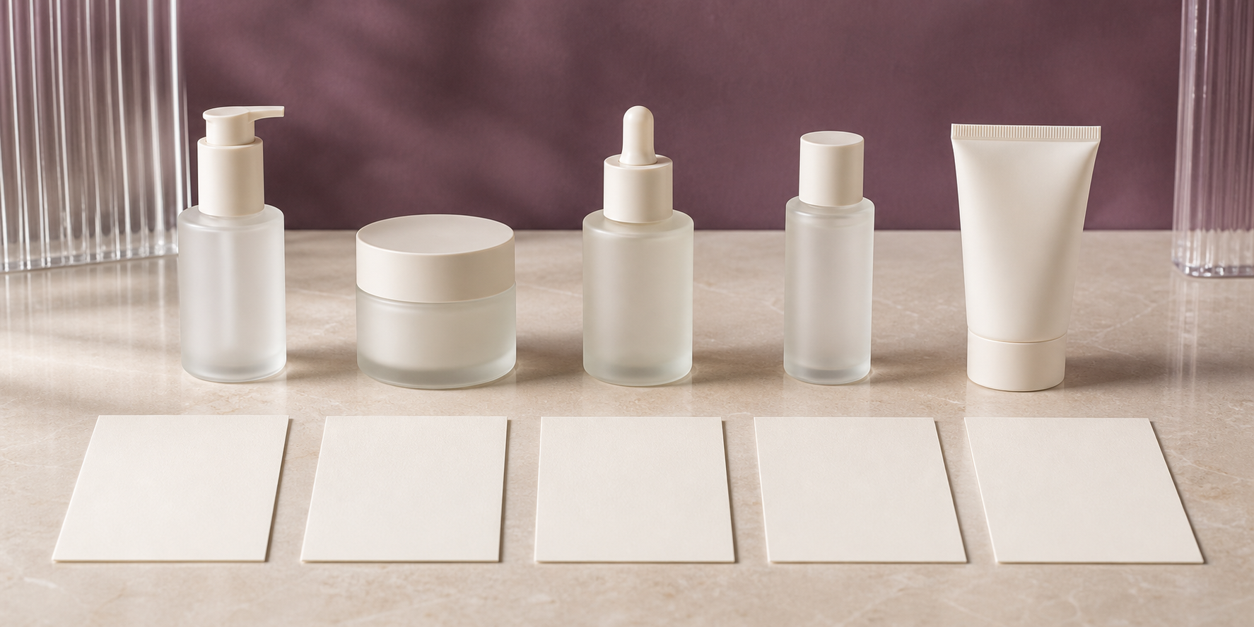 Five equal unbranded cosmetic vessels above five blank routine-context cards on an ivory surface.