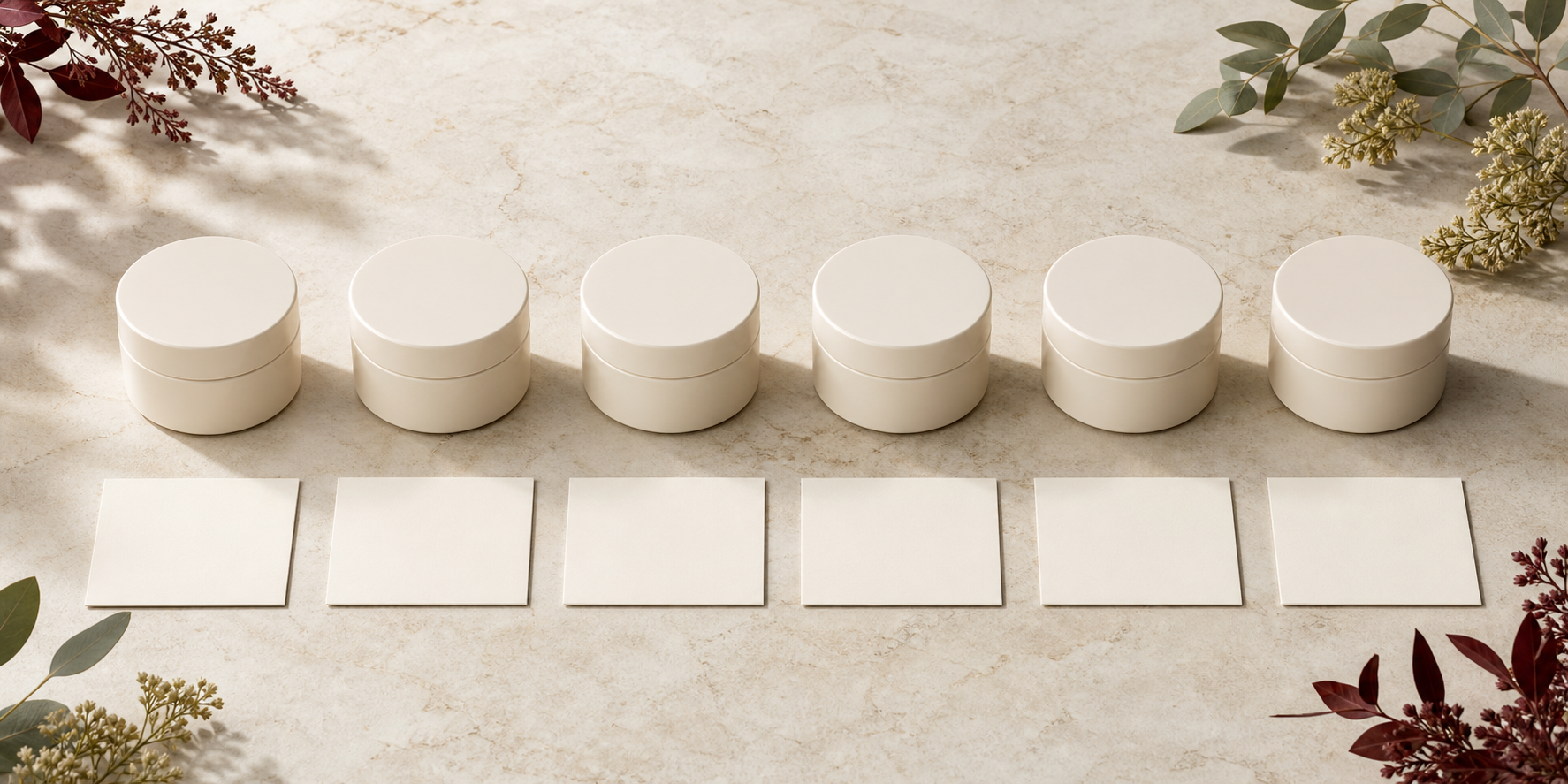 Six equal unbranded cosmetic vessels beside six blank cards representing a KLAPP Protect catalogue FAQ.