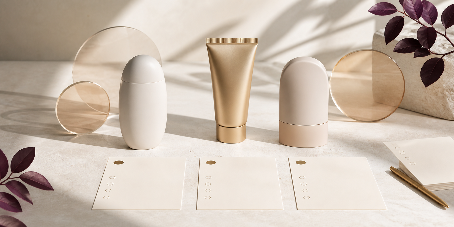An ivory, gold and plum cosmetic still life representing a neutral KLAPP Protect choosing checklist.