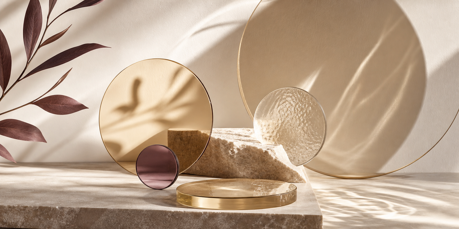 An ivory, gold and plum skincare still life representing the KLAPP Protect Multi Level Performance range.