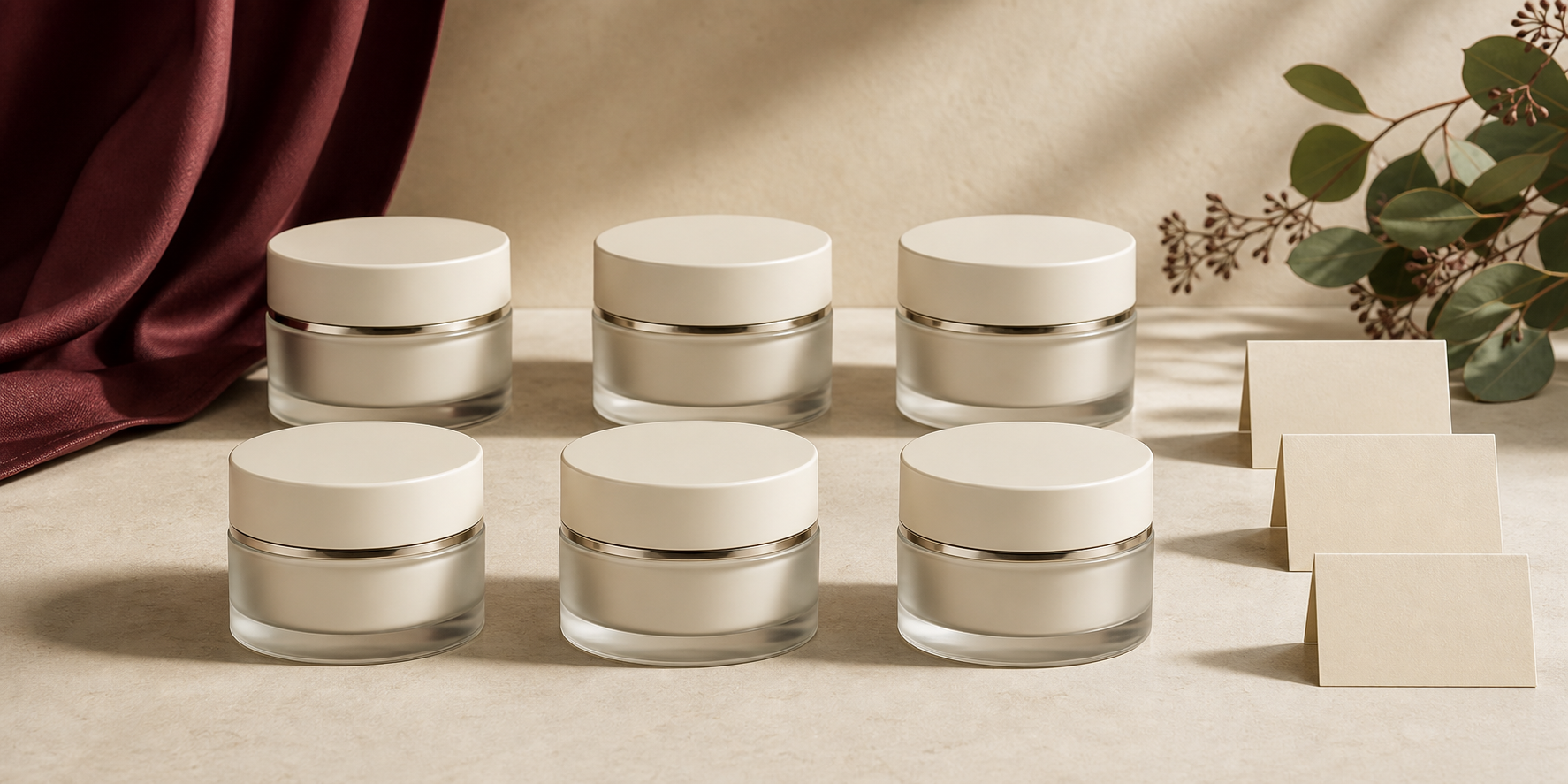 Six equal unbranded cosmetic forms beside blank cards representing neutral KLAPP Protect routine context.