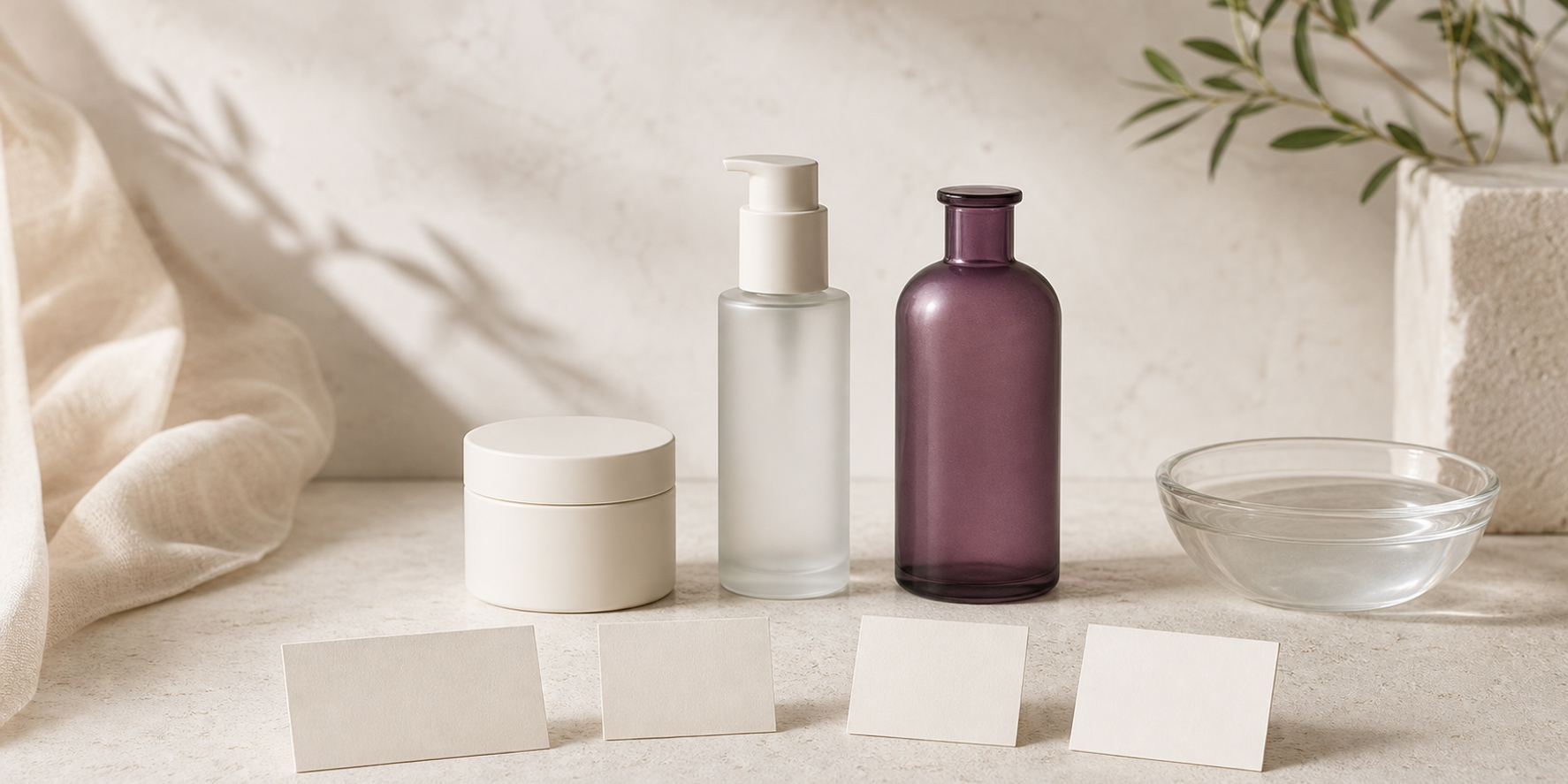 An ivory and muted plum skincare still life representing a neutral KLAPP Purify Finland FAQ.