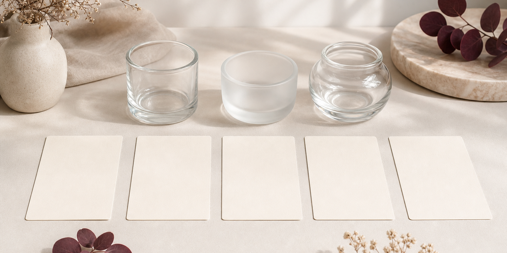 Five blank cards beside equal unbranded cosmetic vessels representing a KLAPP Purify Finland choosing checklist.
