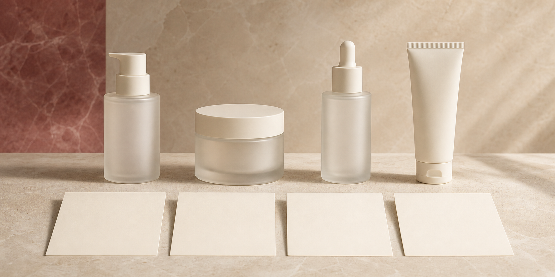 Four equal unbranded cosmetic vessels beside four blank cards representing a Repagen Exclusive Finland FAQ.