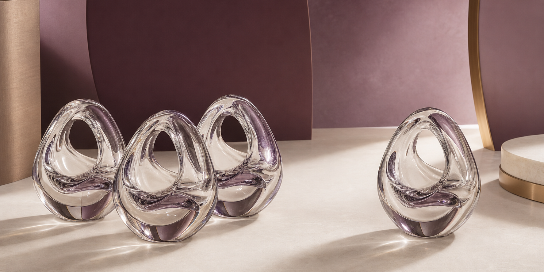 Four equal abstract sculptural glass forms arranged as three consumer-context and one professional-context Stri-Pexan catalogue records.