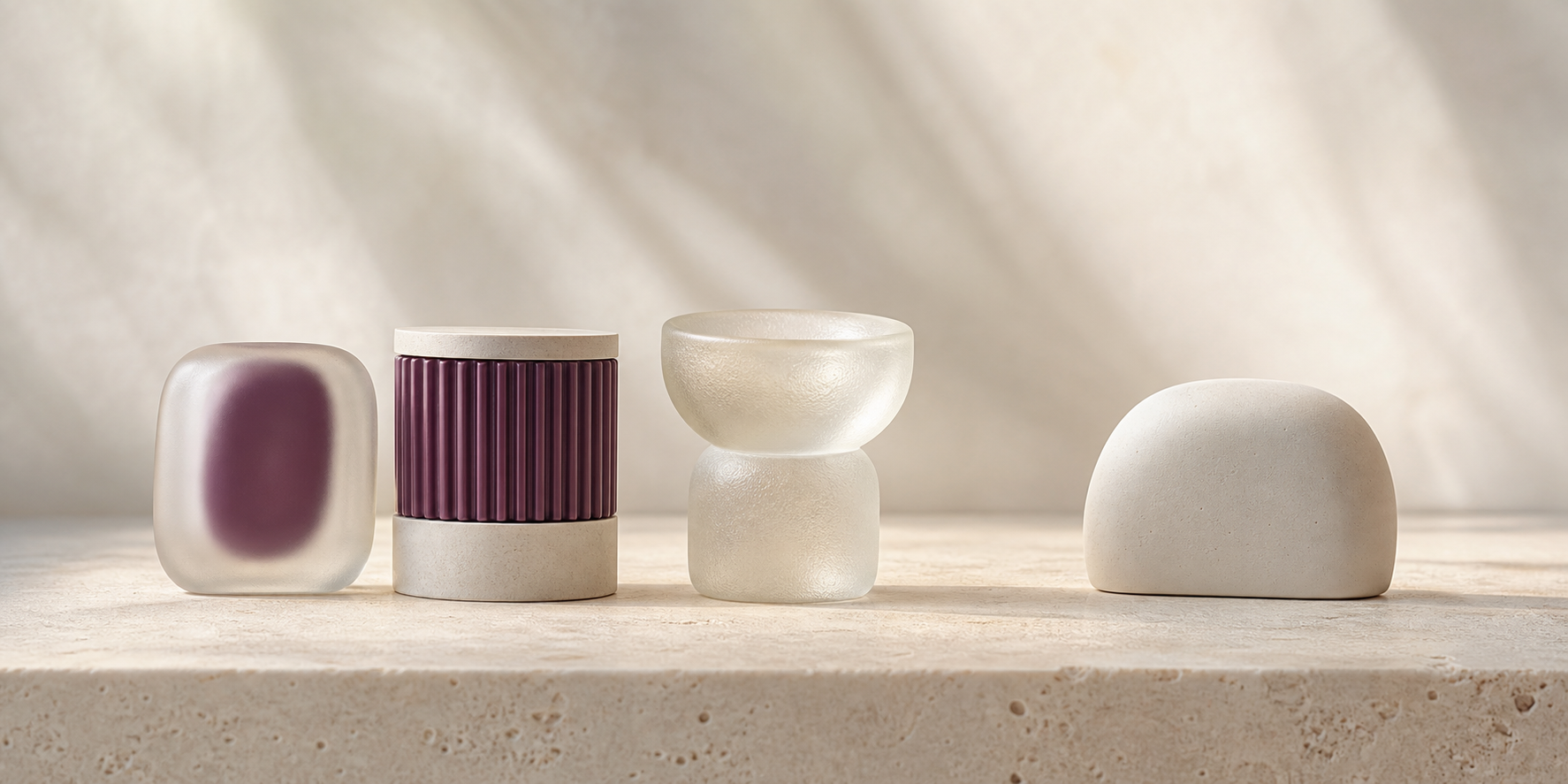 Four equal abstract cosmetic forms in a refined Stri-Pexan range editorial still life.