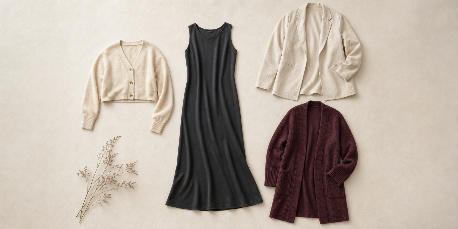 A plain dress with three generic layering options arranged as balanced visual studies.