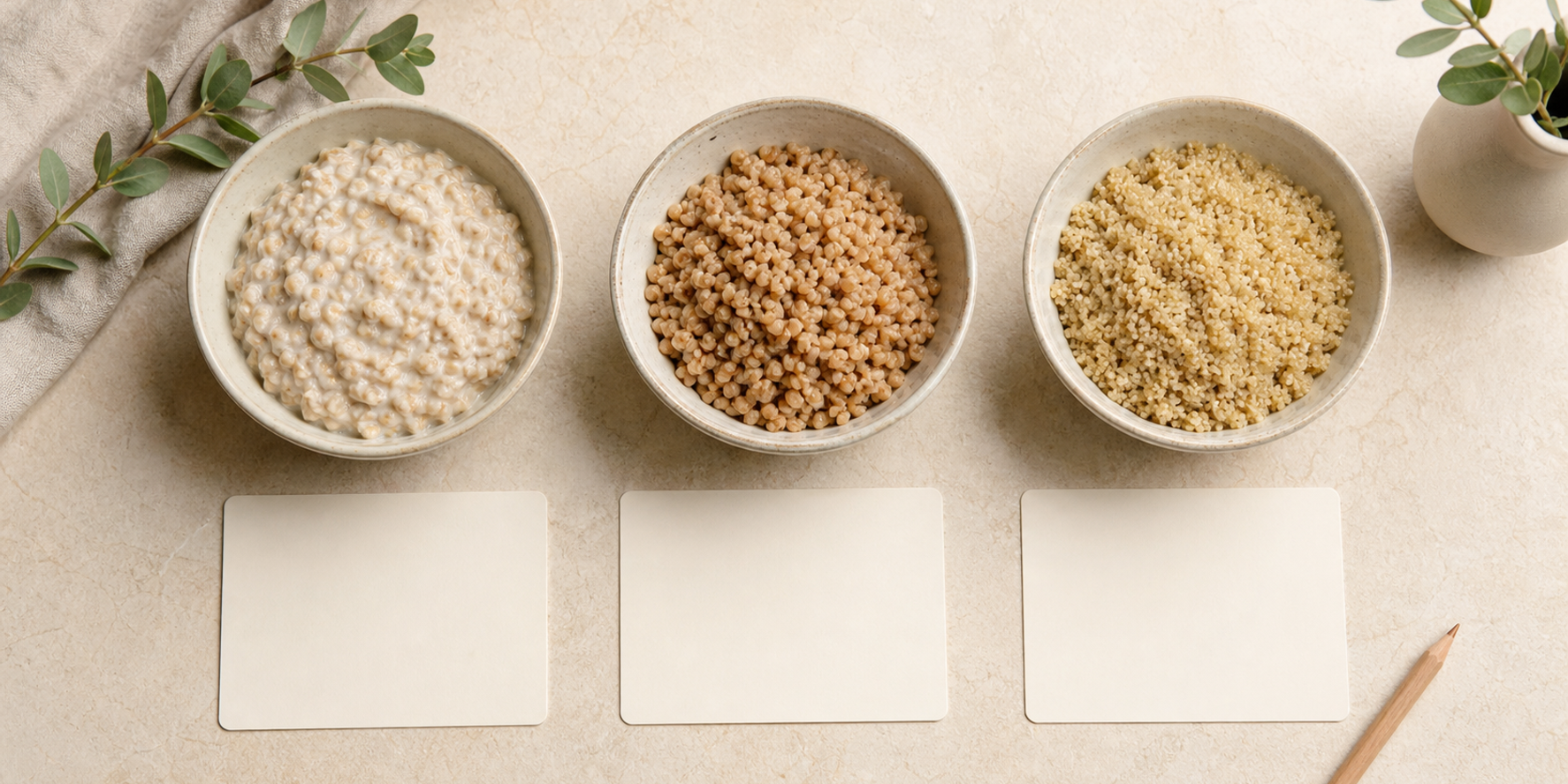 Three breakfast-grain bowls and blank comparison cards arranged for a careful GI data check.