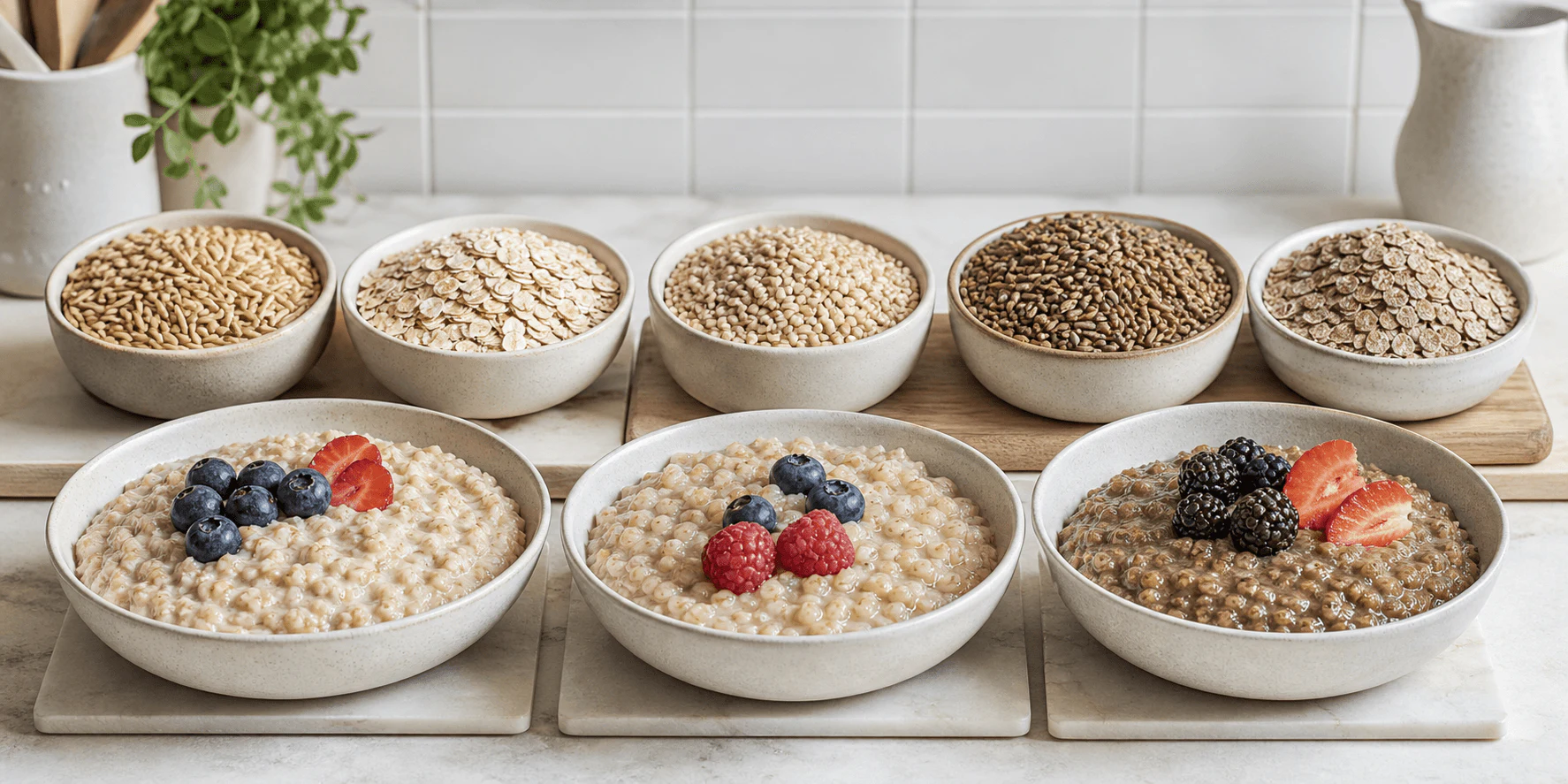 Three breakfast-grain bowls and blank comparison cards arranged for a careful GI data check.