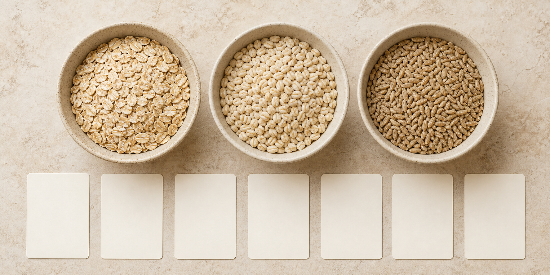 Three equal bowls of oats, barley and rye beside seven blank comparison cards.