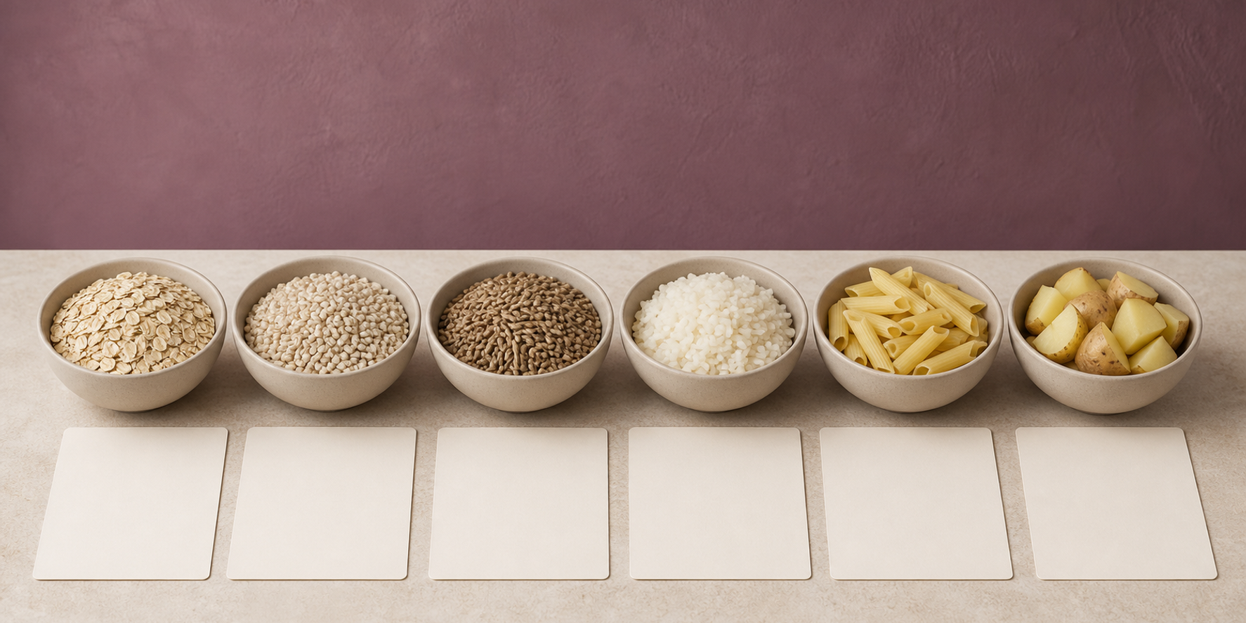 Six equal bowls of carbohydrate foods beside six blank neutral-observation cards.