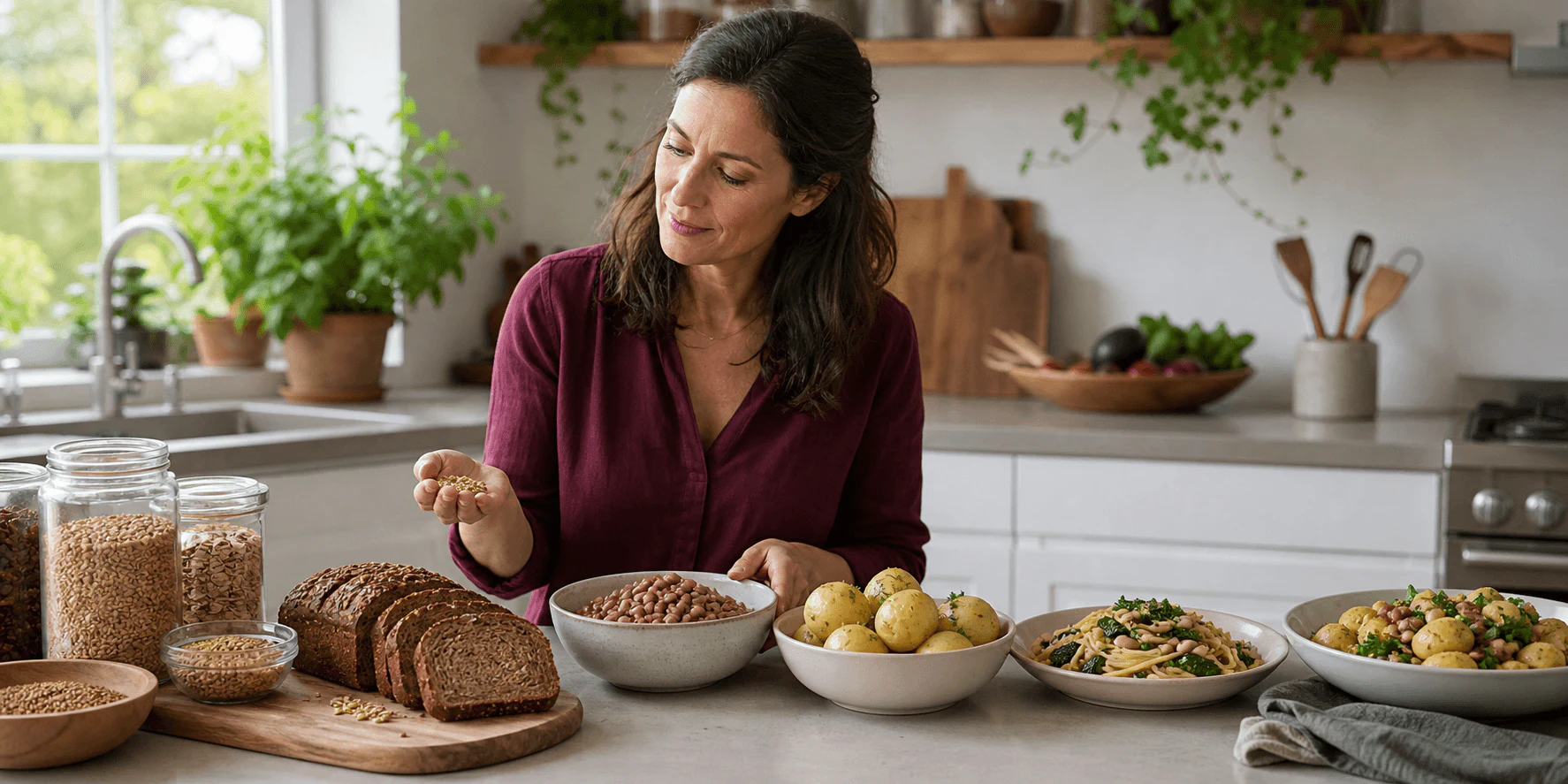 Six equal bowls of carbohydrate foods beside six blank neutral-observation cards.
