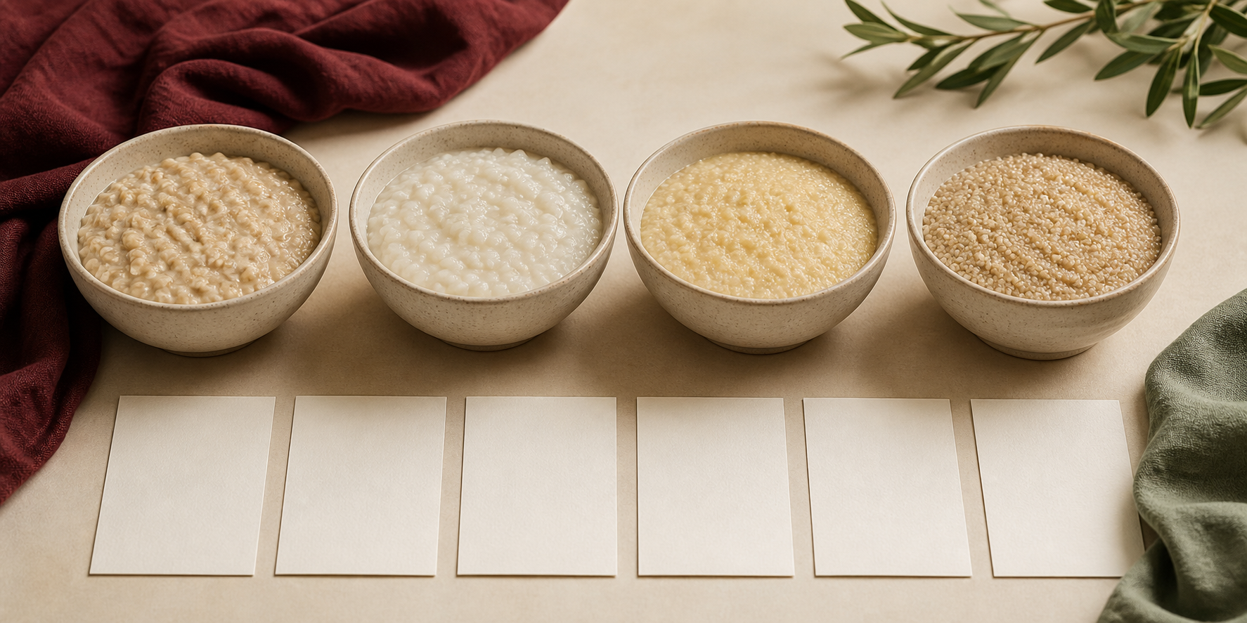 Four equal bowls of breakfast grains beside six blank cards for a source-bounded comparison checklist.