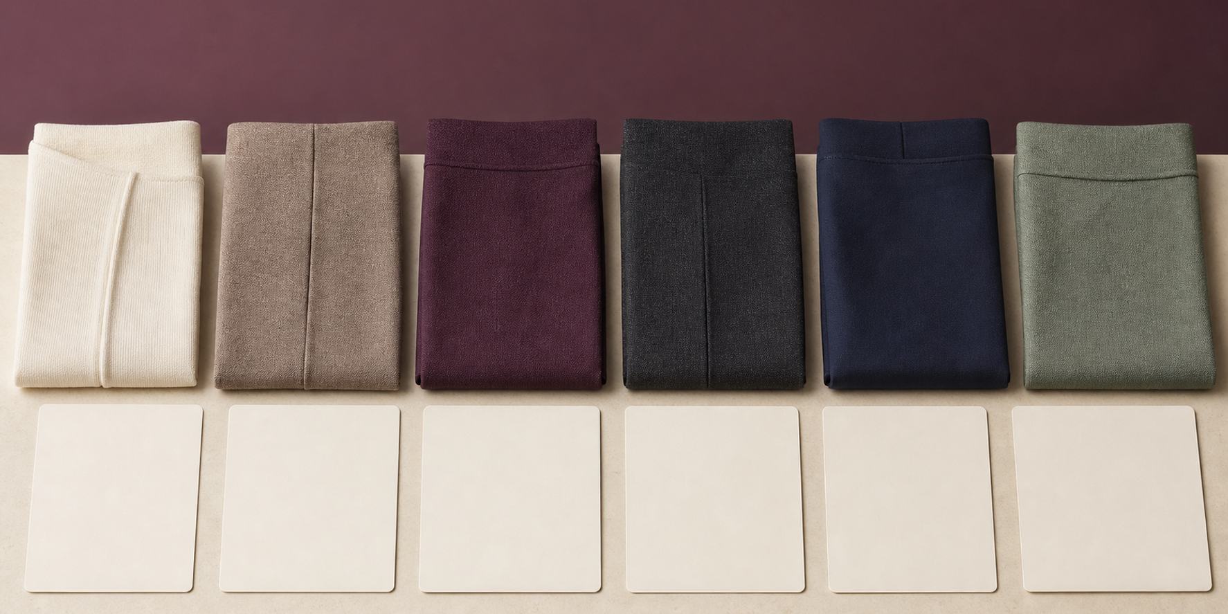 Six equal garment-panel variations beside six blank cards representing a body-neutral fit checklist.