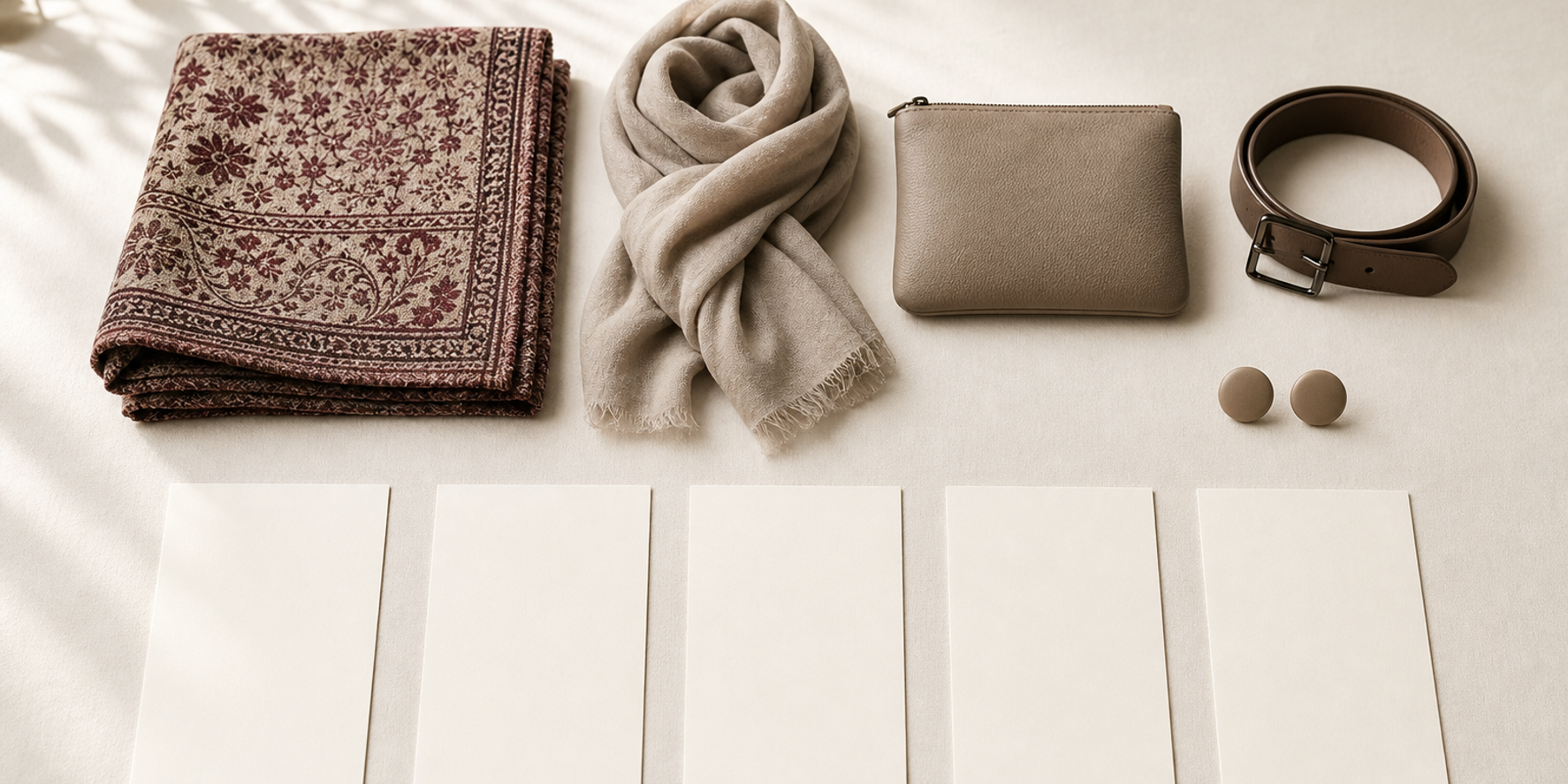 A detailed textile beside five blank checklist cards and four equal neutral accessory forms.