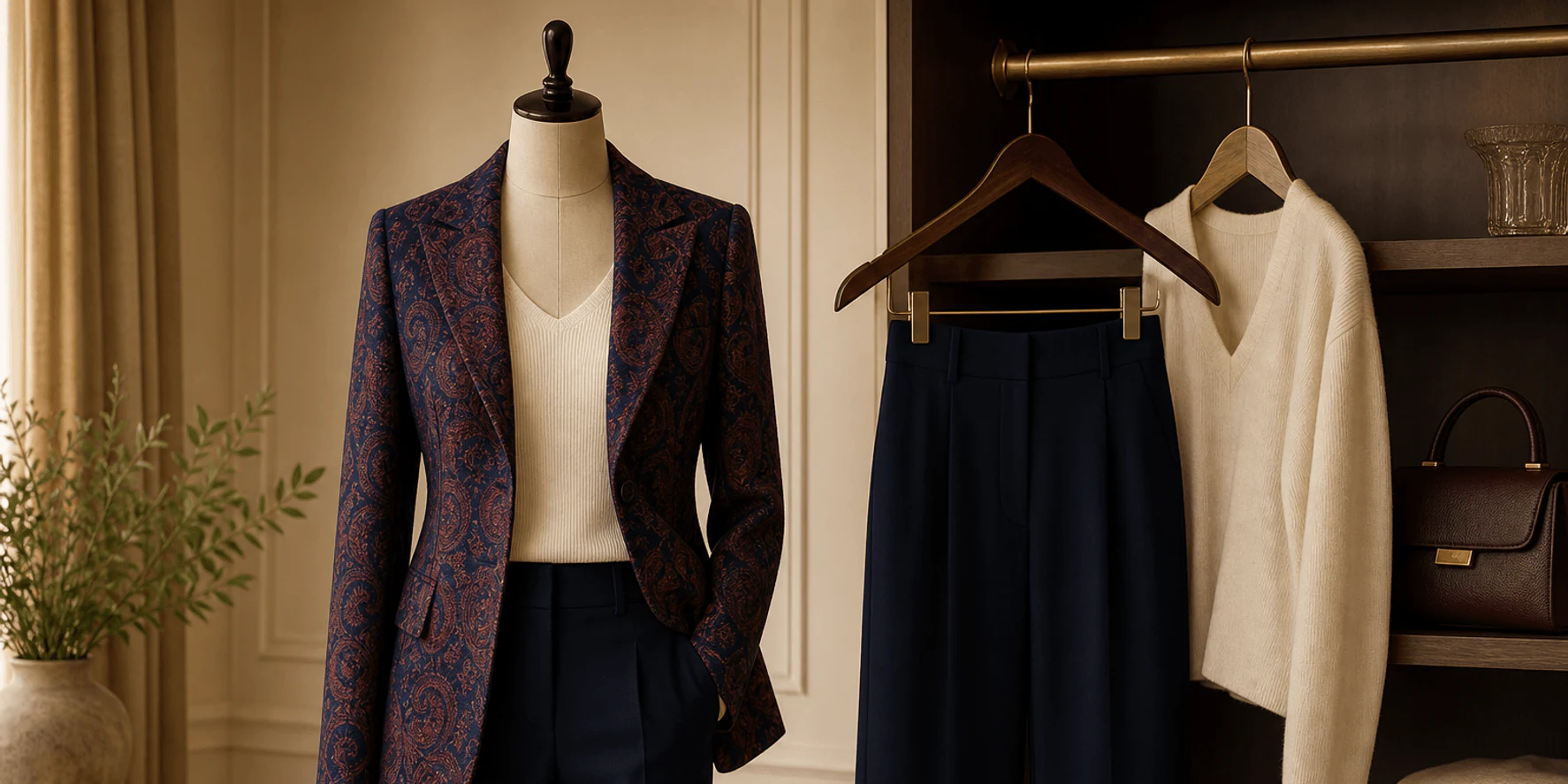Editorial flat lay with a detailed burgundy textile, four simple accessory groups, and five blank comparison cards.