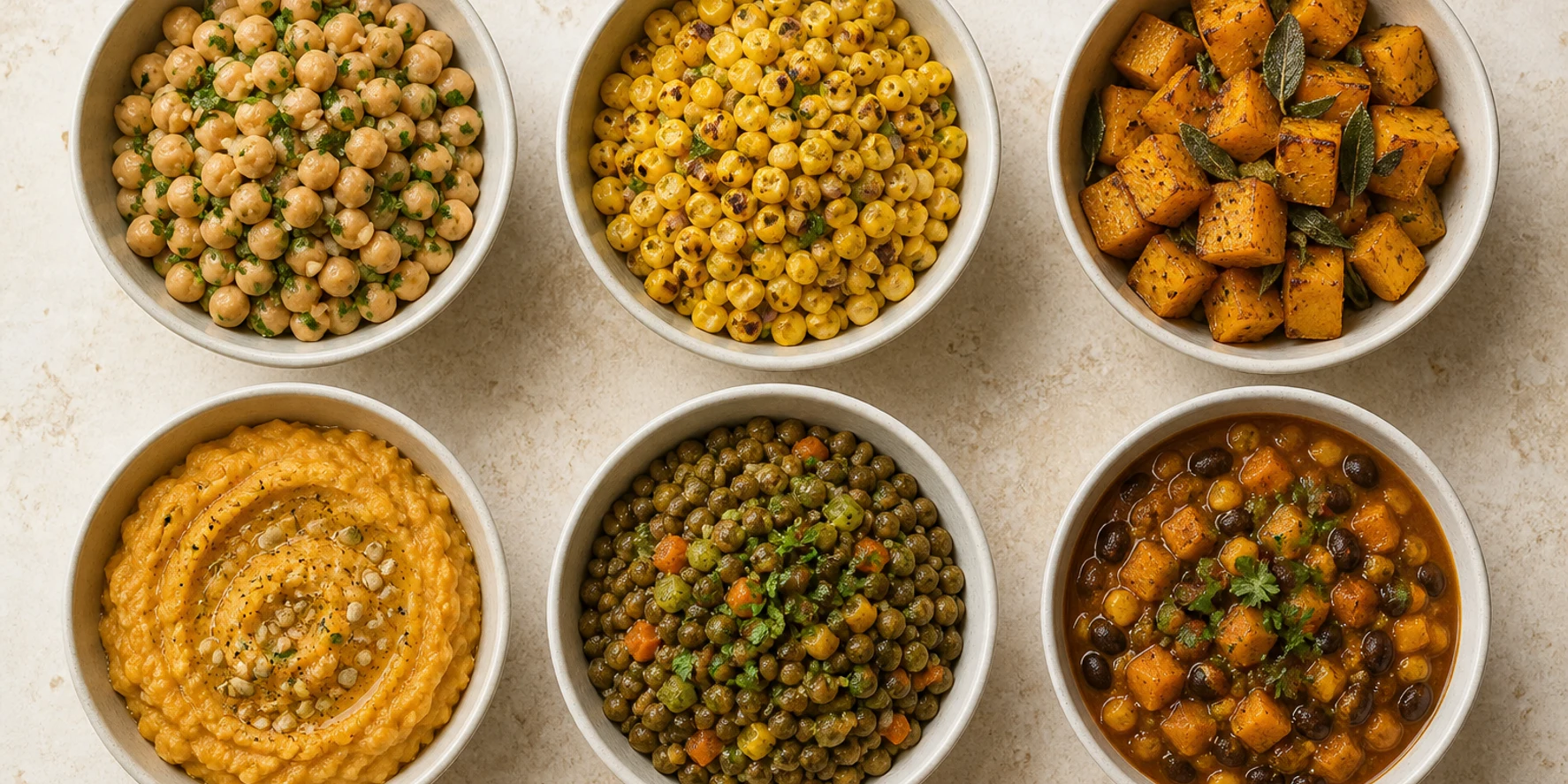 Six equal bowls with distinct prepared foods illustrating complete source labels and preparation wording.