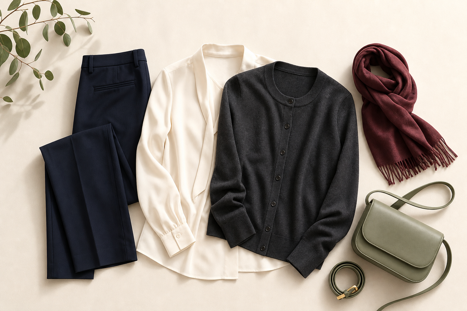 Neutral workwear items styled as a coordinated flat lay with a blazer, tailored trousers, blouse, belt, and simple shoes.