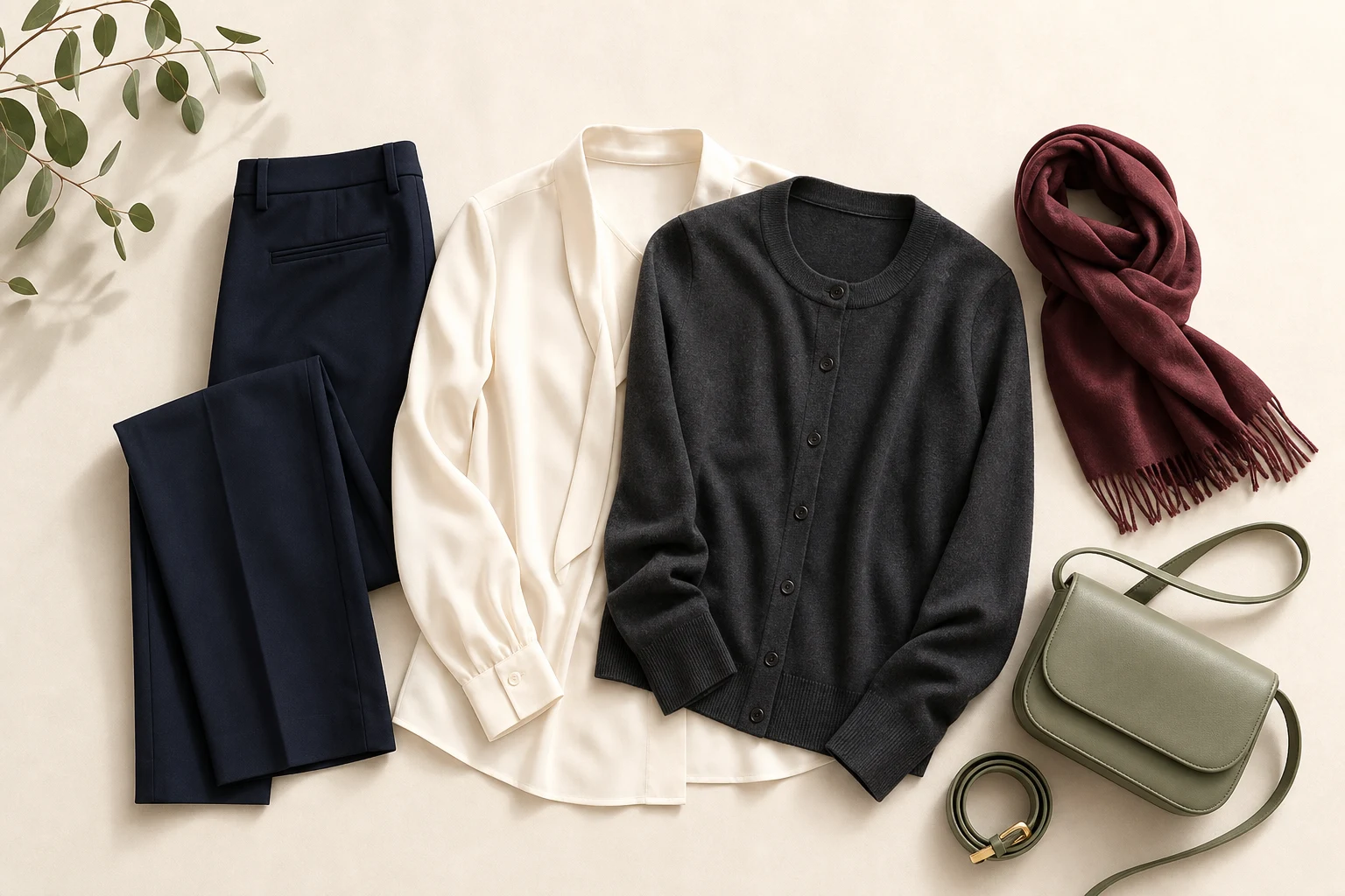 One workwear base repeated in four coordinated outfit variations using colour, texture, layering and accessories.