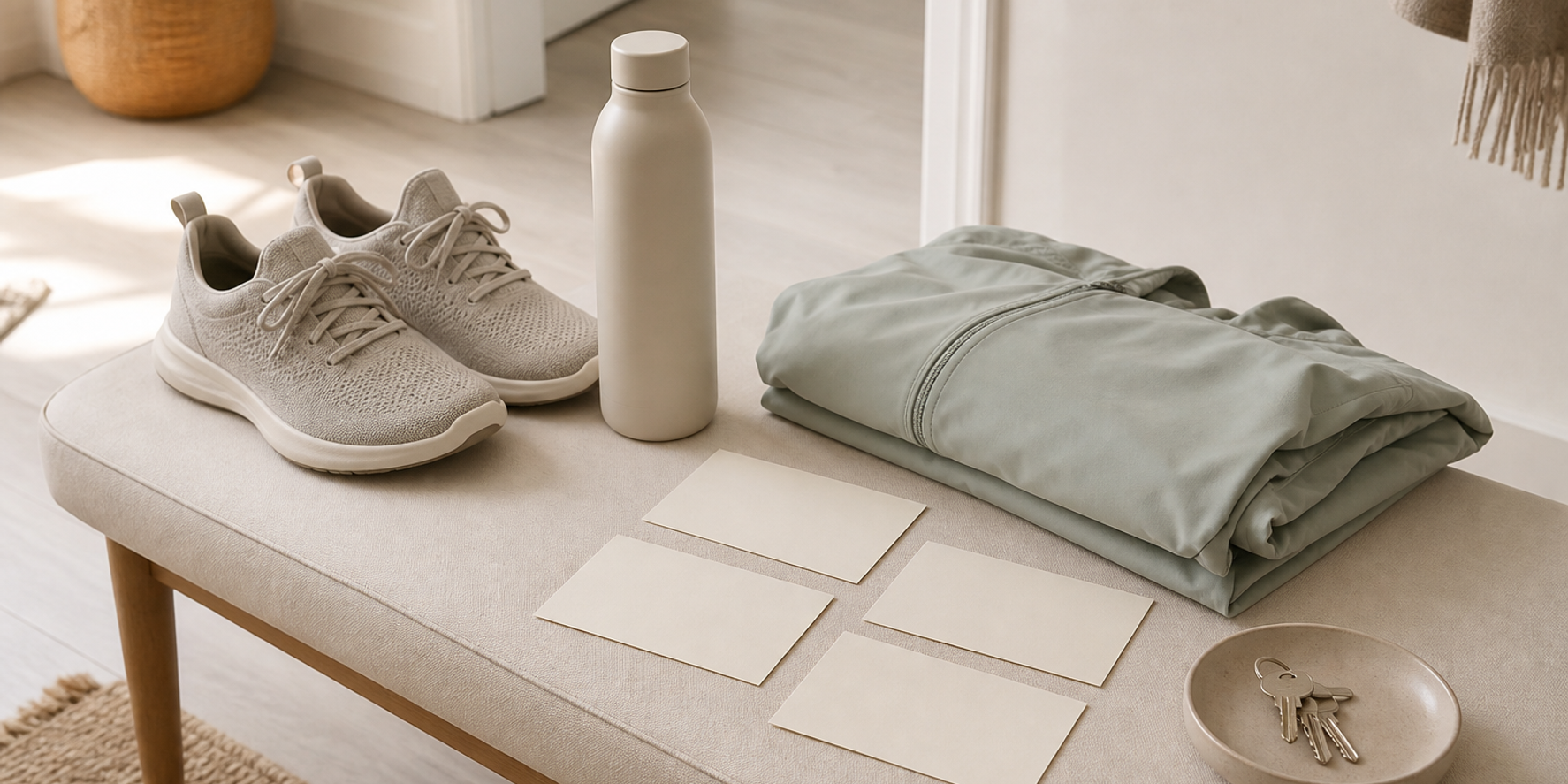 Walking shoes and a folded layer arranged beside blank movement question cards.