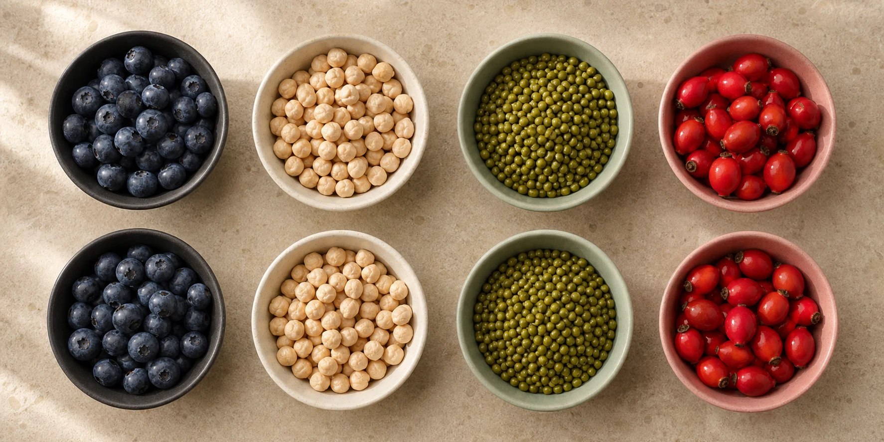 Eight equal bowls arranged in four pairs to illustrate repeated values across distinct source entries.