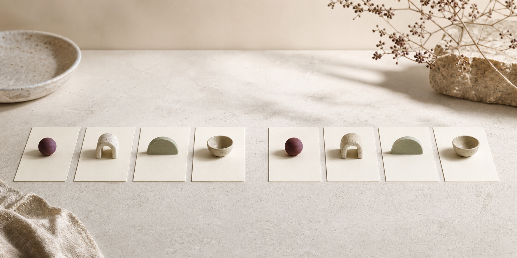 Blank tracking cards with separate neutral token patterns representing cautious trend review without causal conclusions.