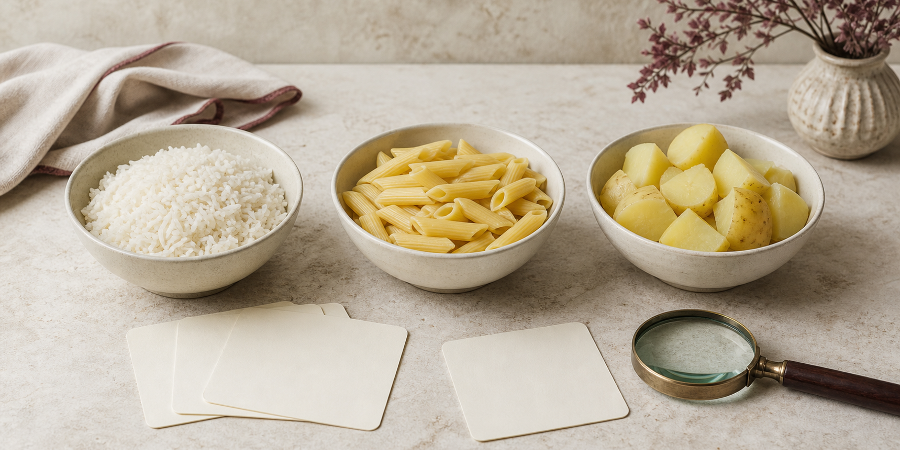 Rice, pasta and potato portions arranged equally beside blank question cards.