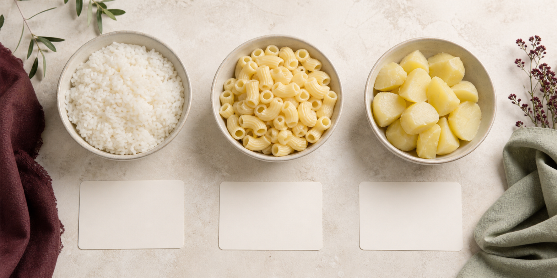 Rice, pasta and potato portions arranged equally beside blank cards for a careful food comparison.