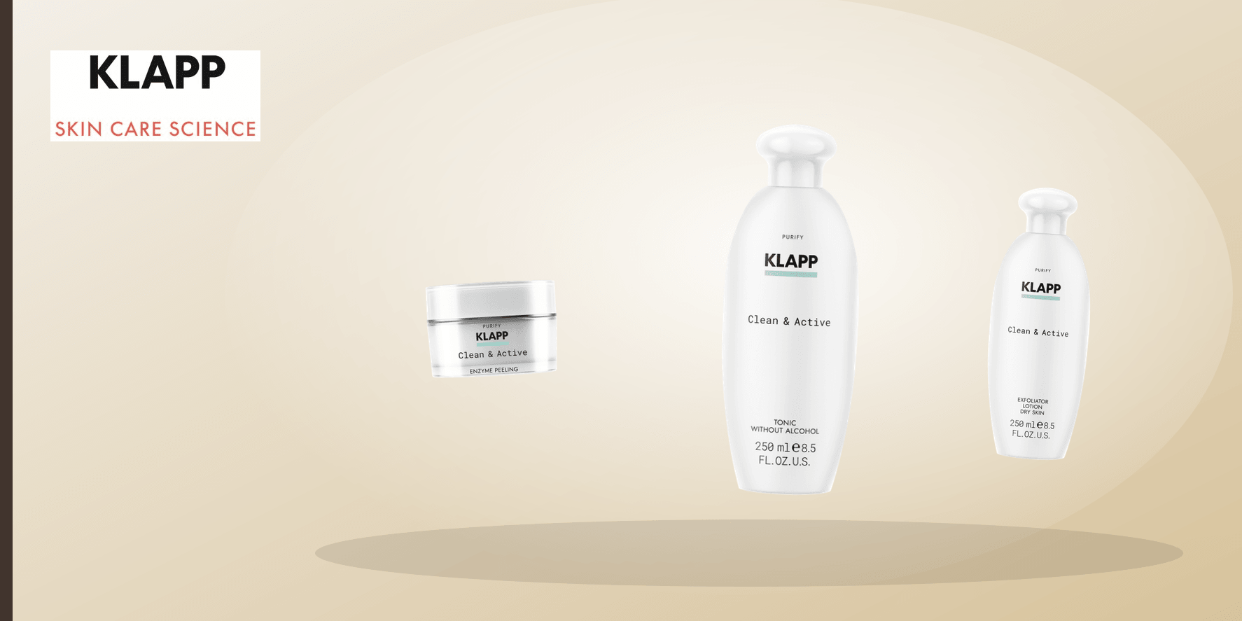Verified KLAPP skincare products on a soft neutral background with the official KLAPP branding visible.