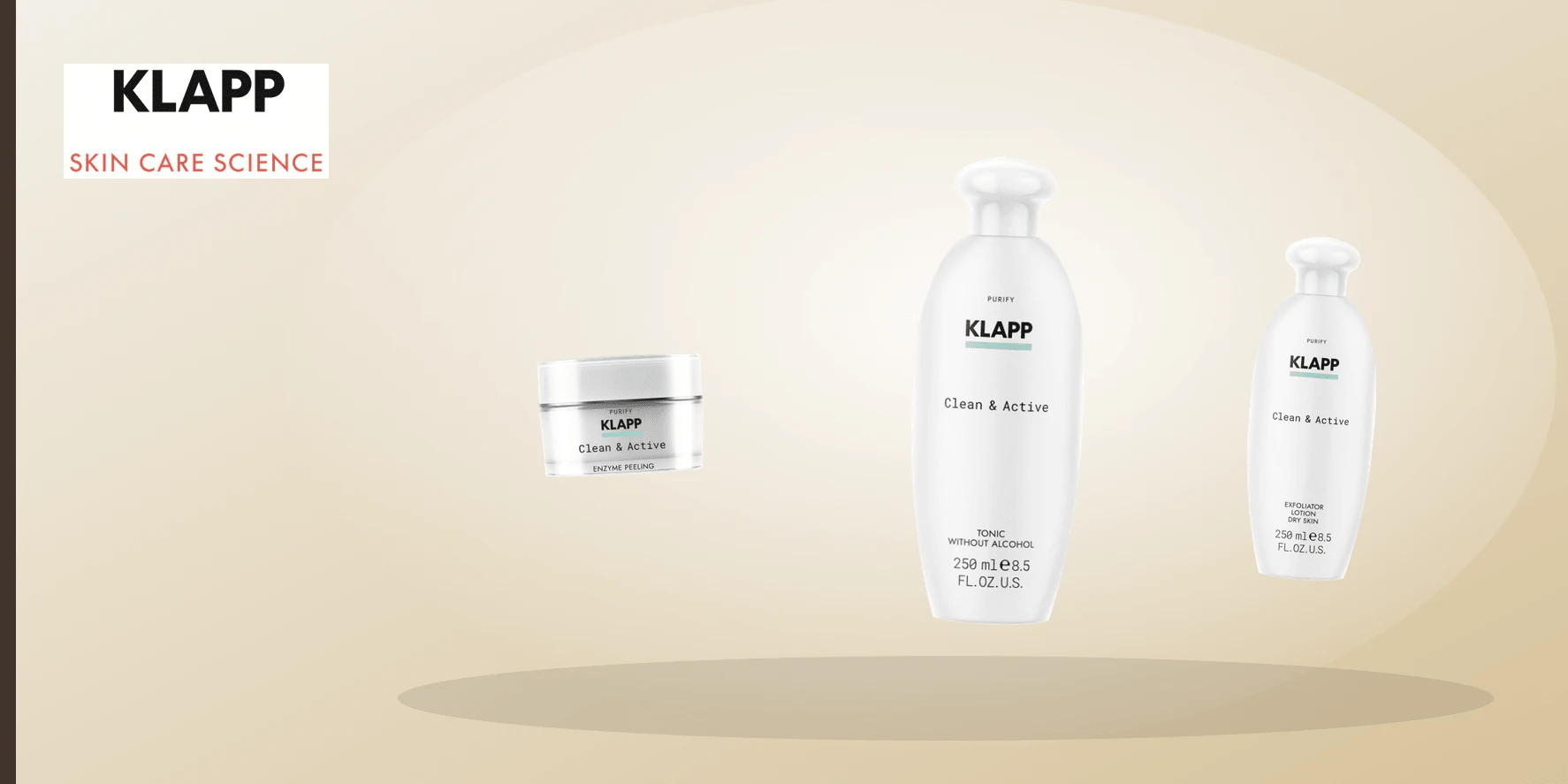 Three equal ivory, pale gold and clear forms representing a verified cosmetic routine-label subset.