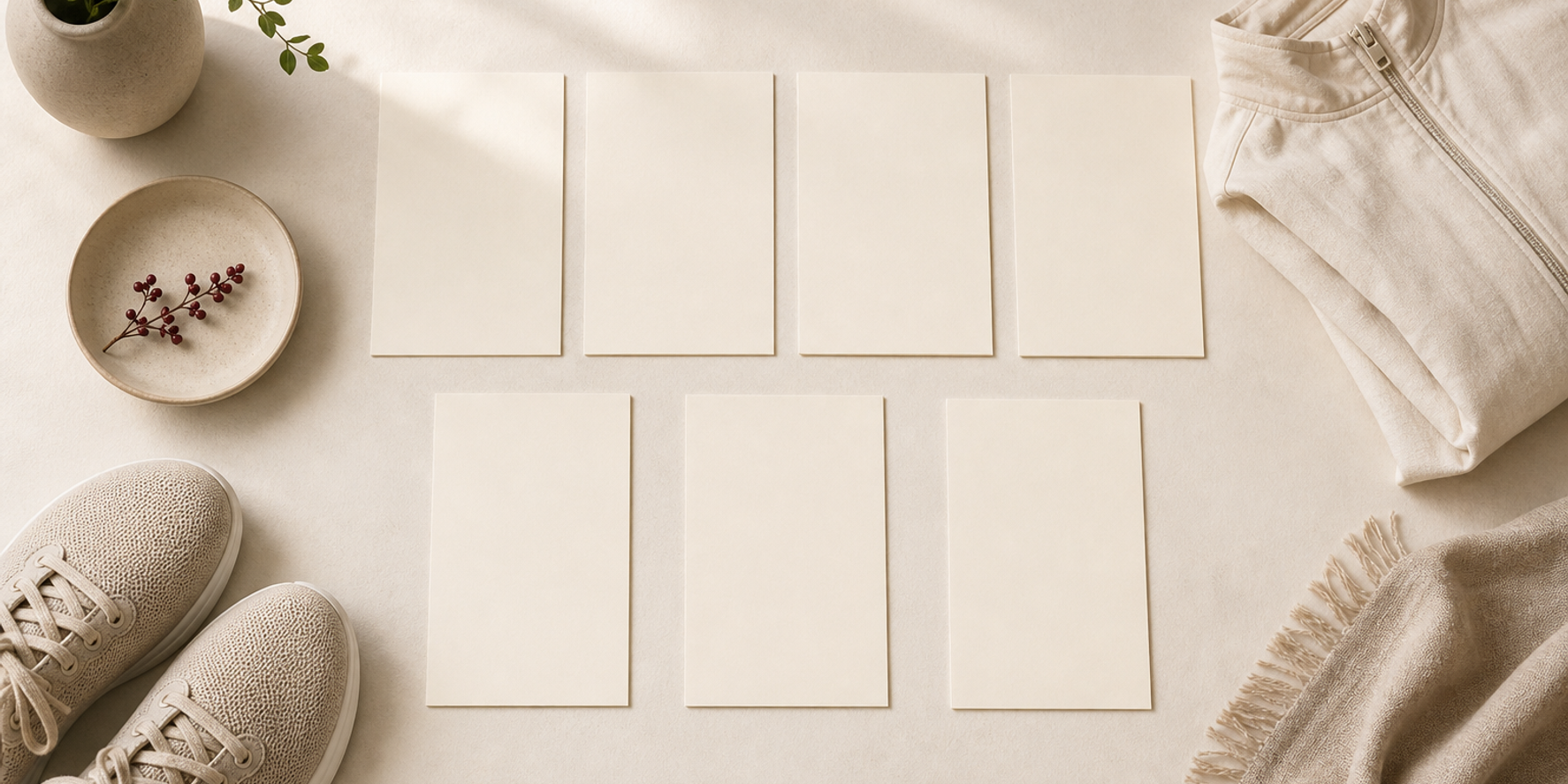 Seven blank cards beside walking shoes and neutral objects representing general movement education boundaries.