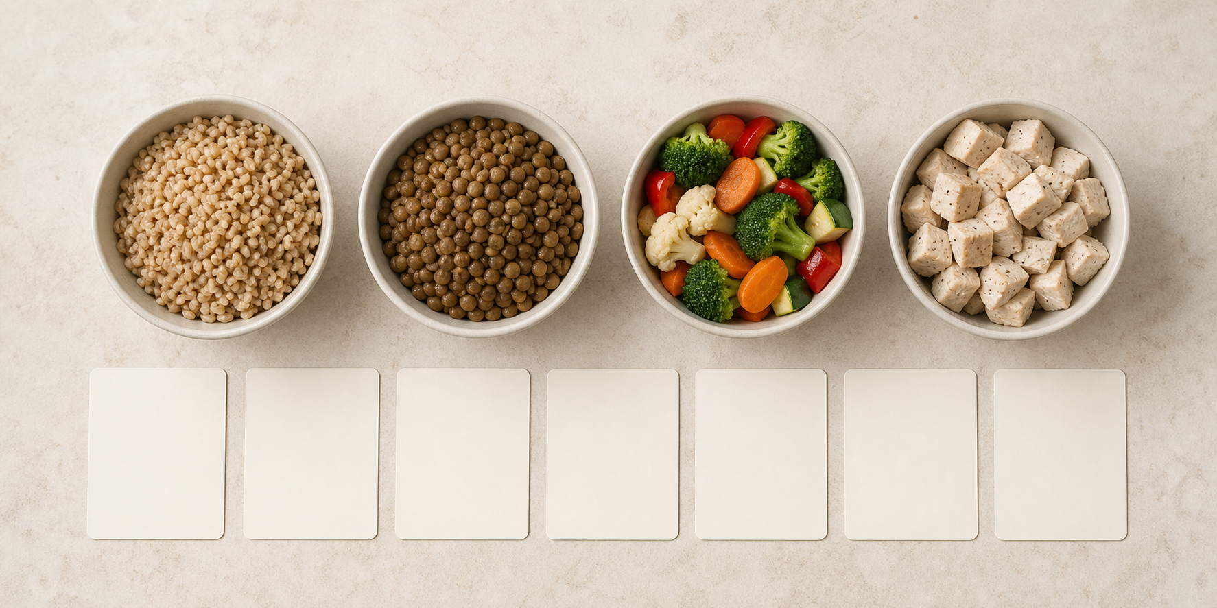 Four equal bowls of meal components beside seven blank cards representing flexible preference and availability questions.