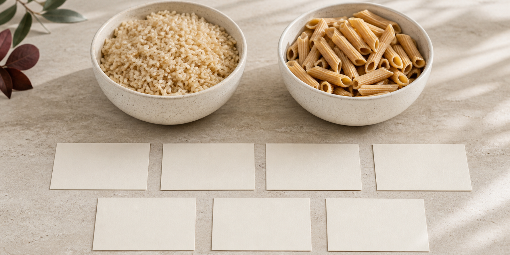 Two equal food bowls beside seven blank cards representing neutral questions for reading carbohydrate comparison tables.