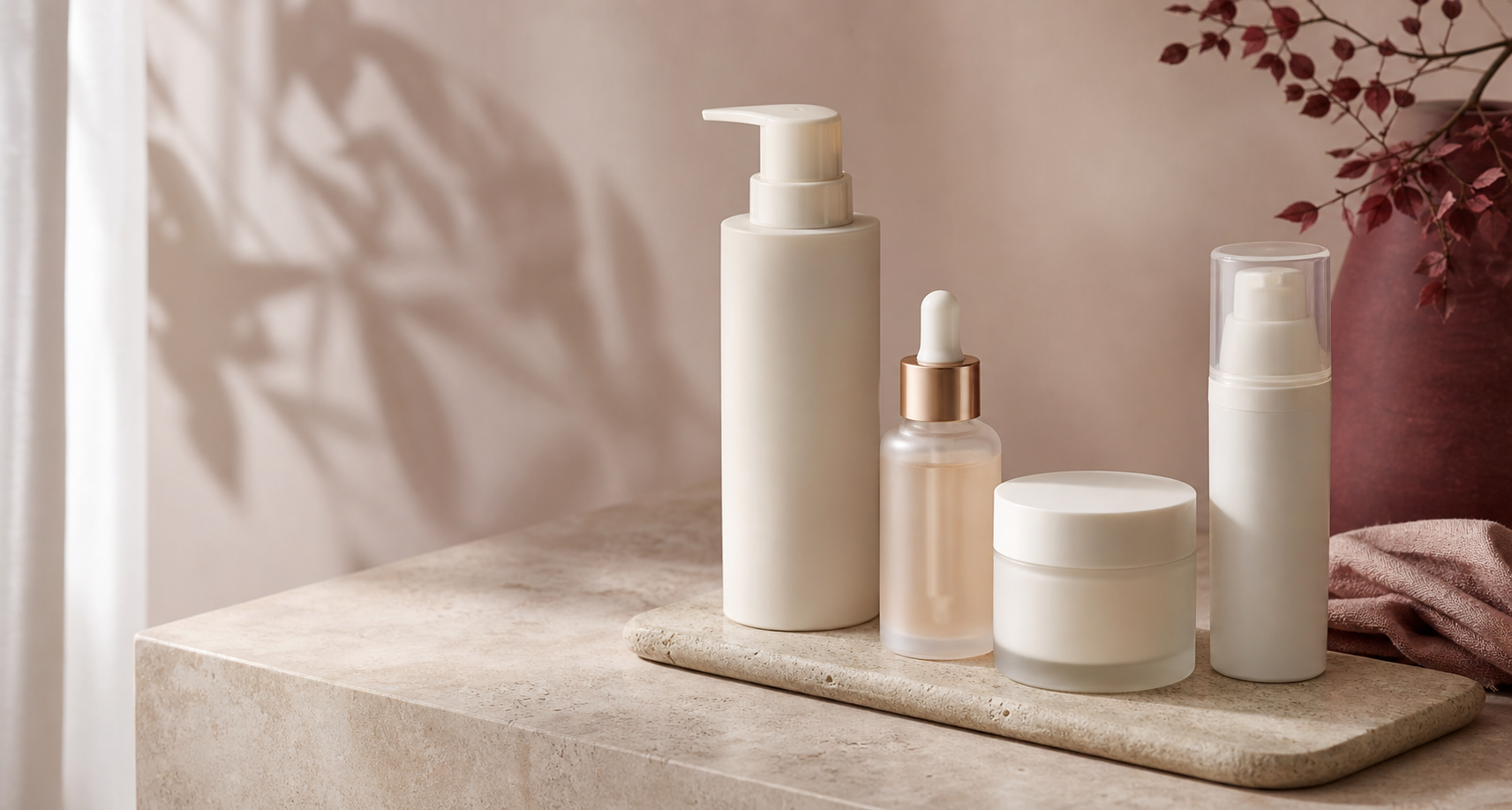 Unbranded cleanser, serum, cream and SPF-style bottle arranged on a warm stone vanity for a mature-skin routine