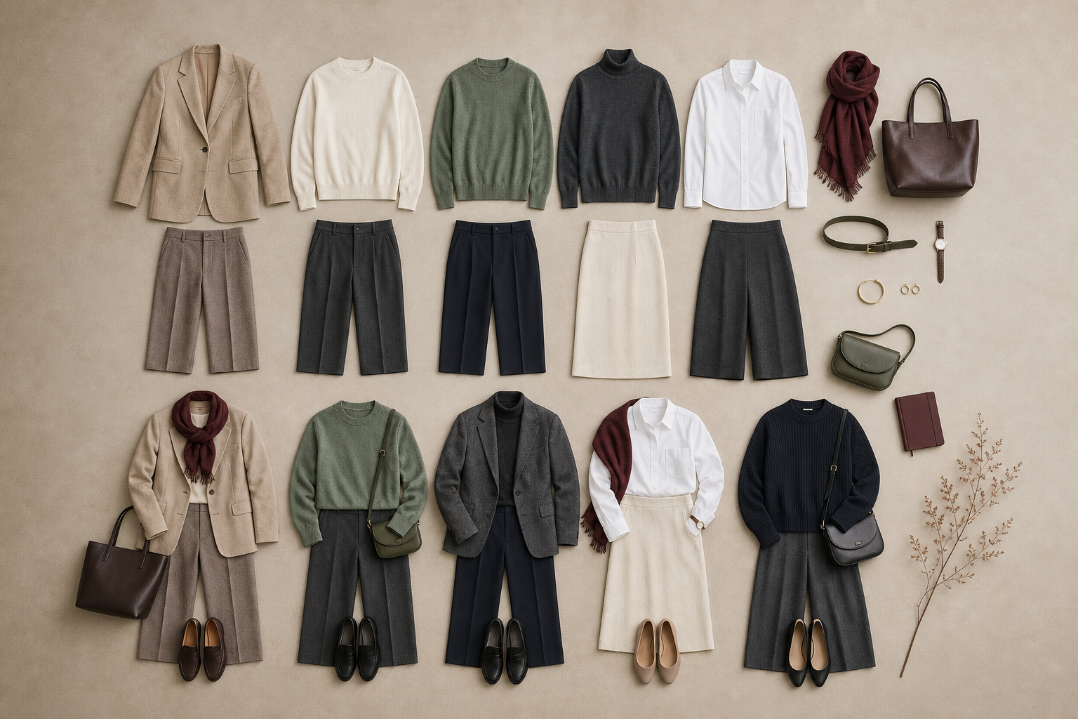 Flat lay of a coordinated smart-casual work wardrobe in neutral colours with a structured layer and streamlined shoes.