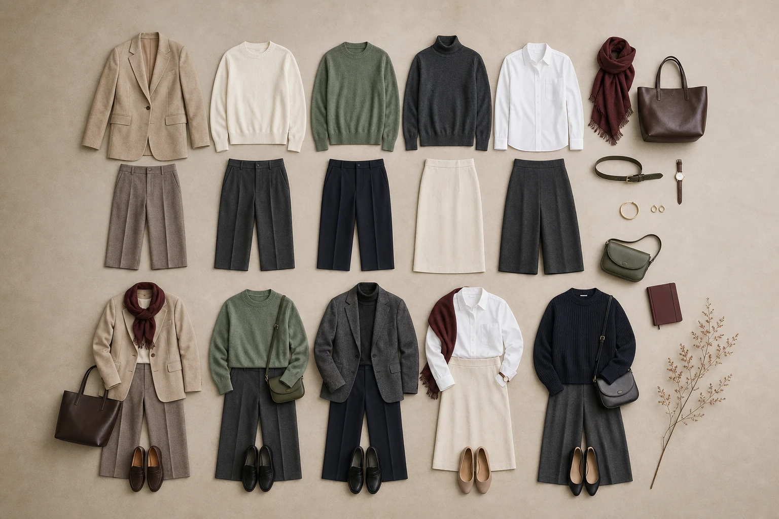 Coordinating smart-casual workwear arranged in a neutral flat lay with two muted accent colours.