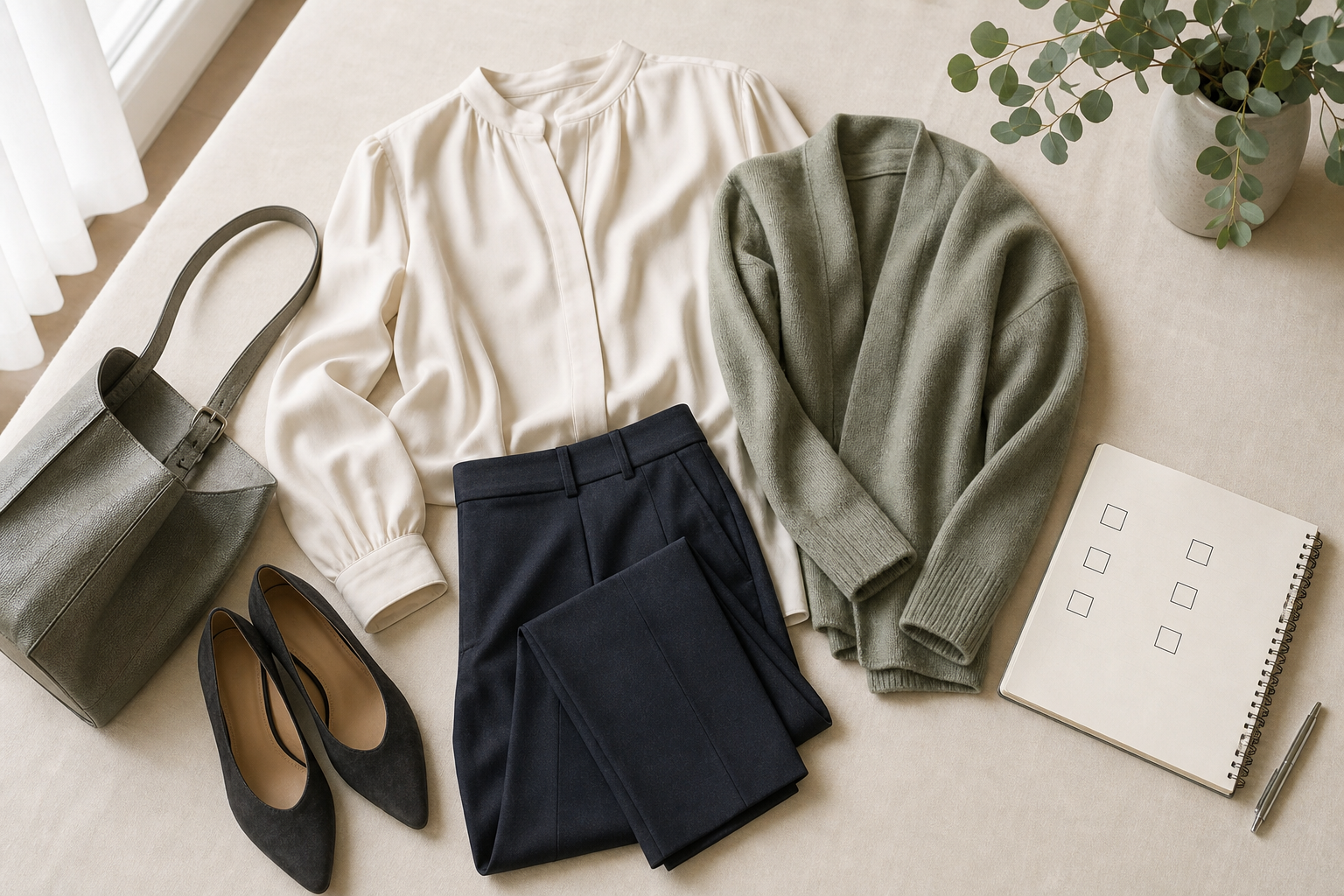 Neutral clothing items and a checklist arranged neatly to illustrate deliberate wardrobe coordination.