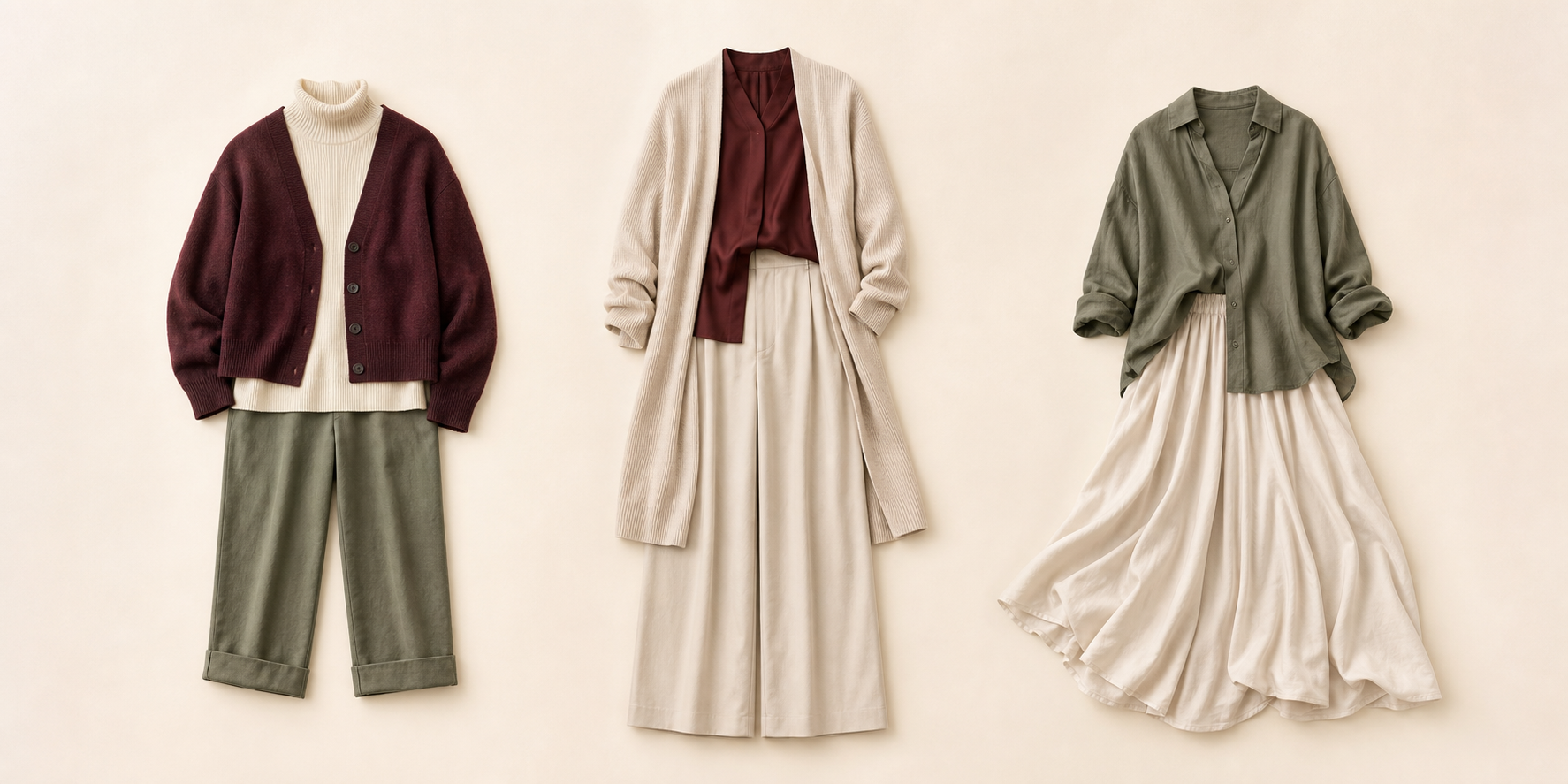 Three neutral garment pairings showing different clothing length and volume relationships without ranking.
